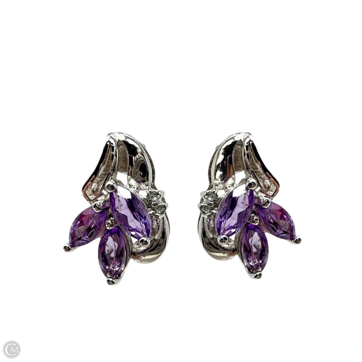 Amethyst, Cubic Zirconia & 925 Sterling Silver Cluster Earrings By Unbranded