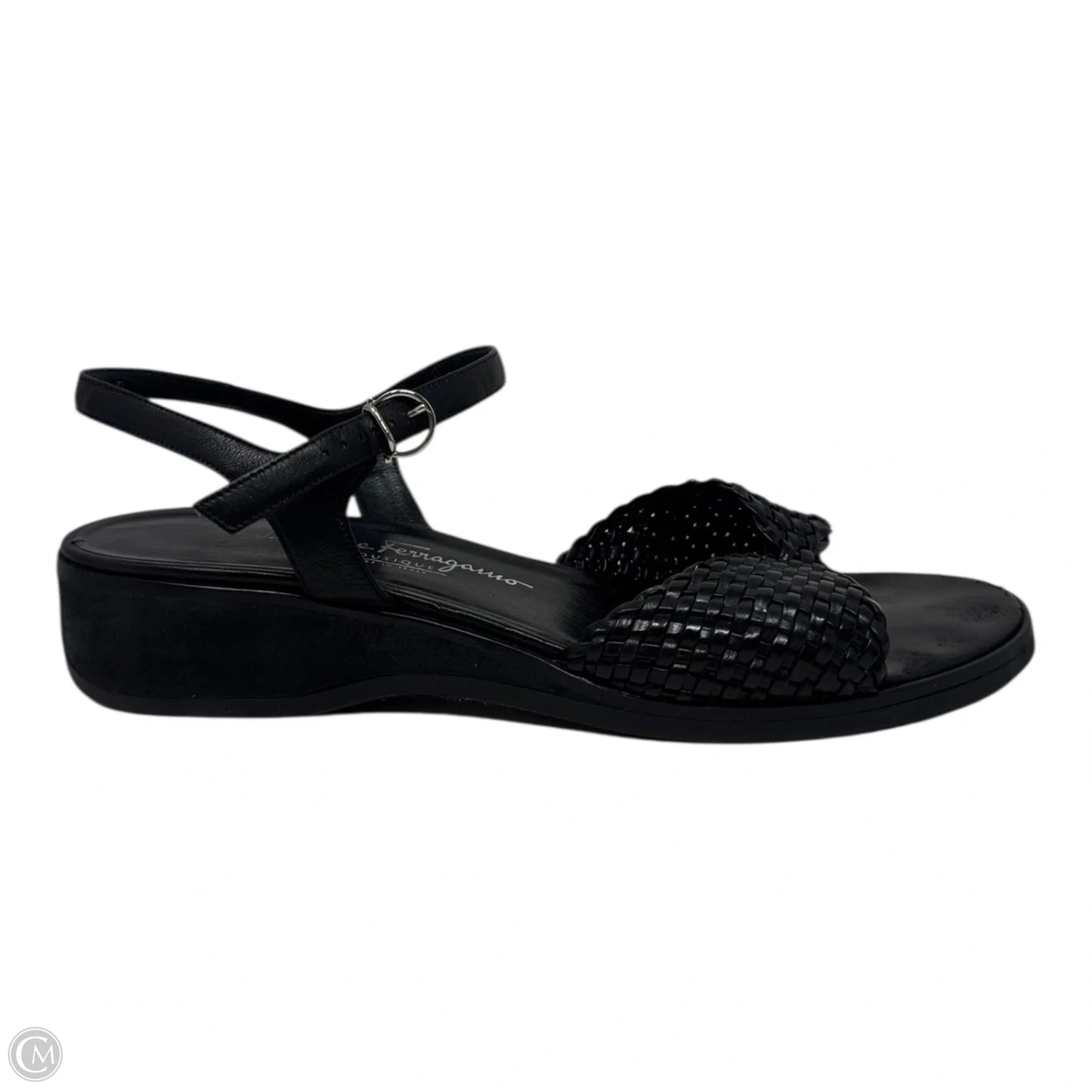 Woven Leather Ankle Strap Wedge Sandals Designer By Ferragamo In Black, Size: 9