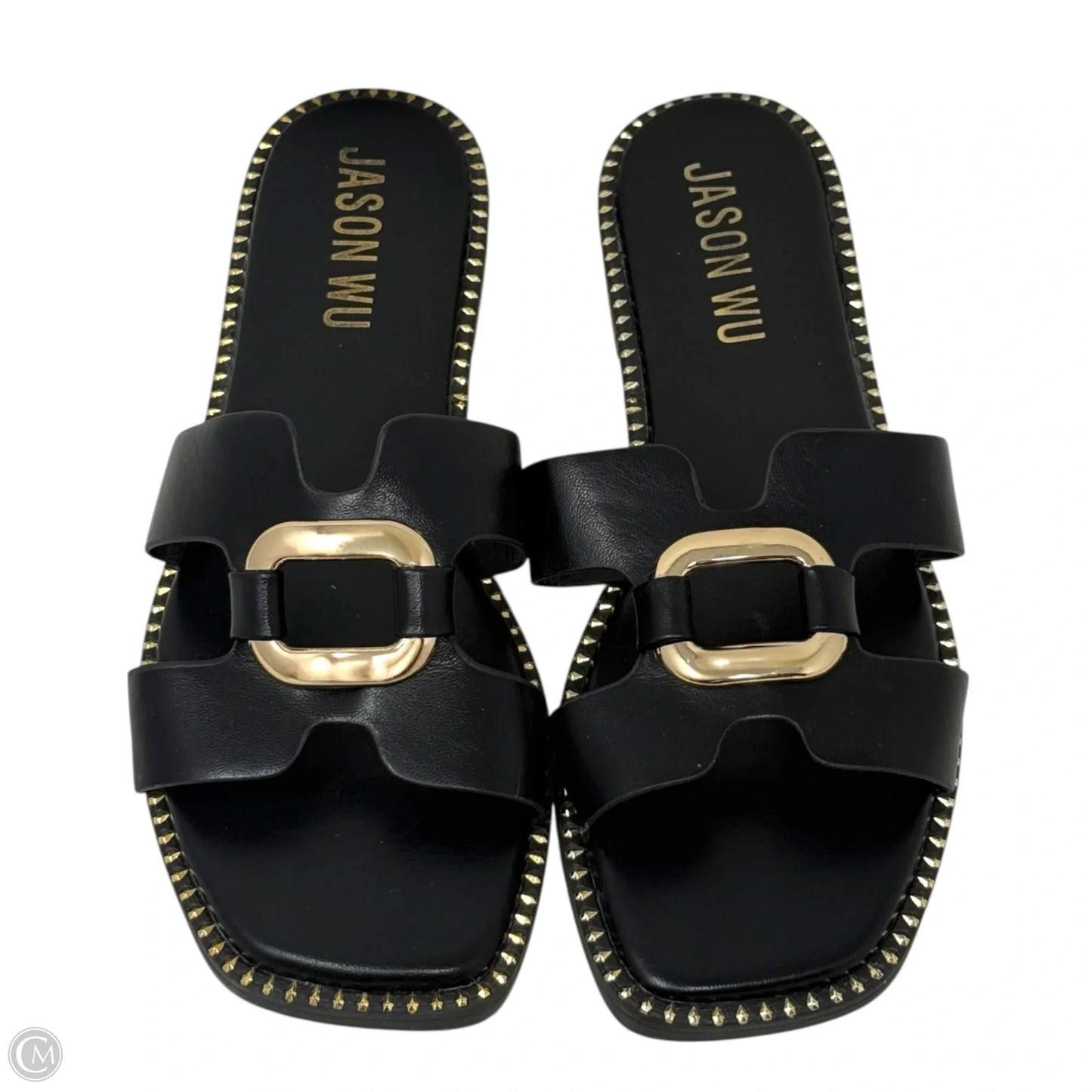 Dani’s Gold Buckle Flat Slide Sandals Designer By Jason Wu In Black & Gold, Size: 9