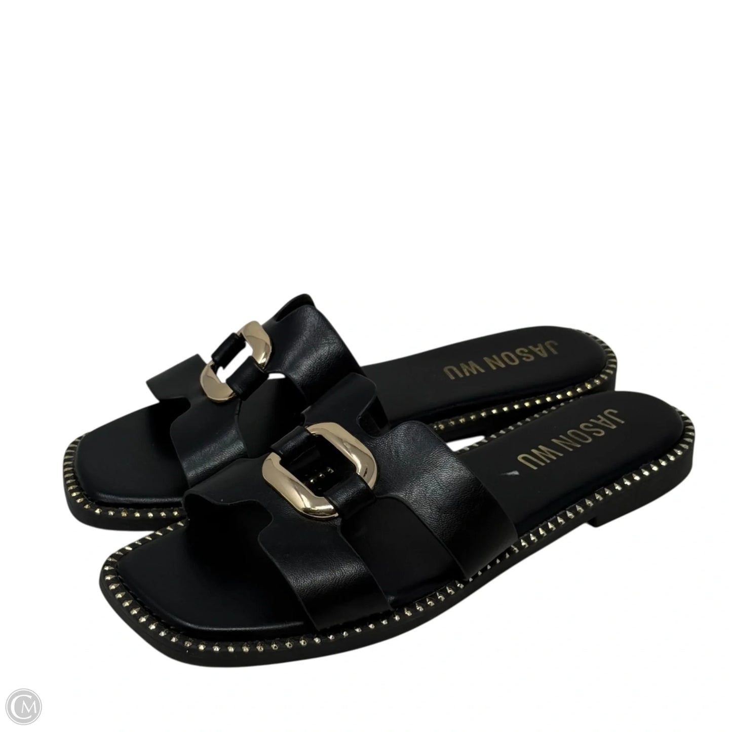 Dani’s Gold Buckle Flat Slide Sandals Designer By Jason Wu In Black & Gold, Size: 9