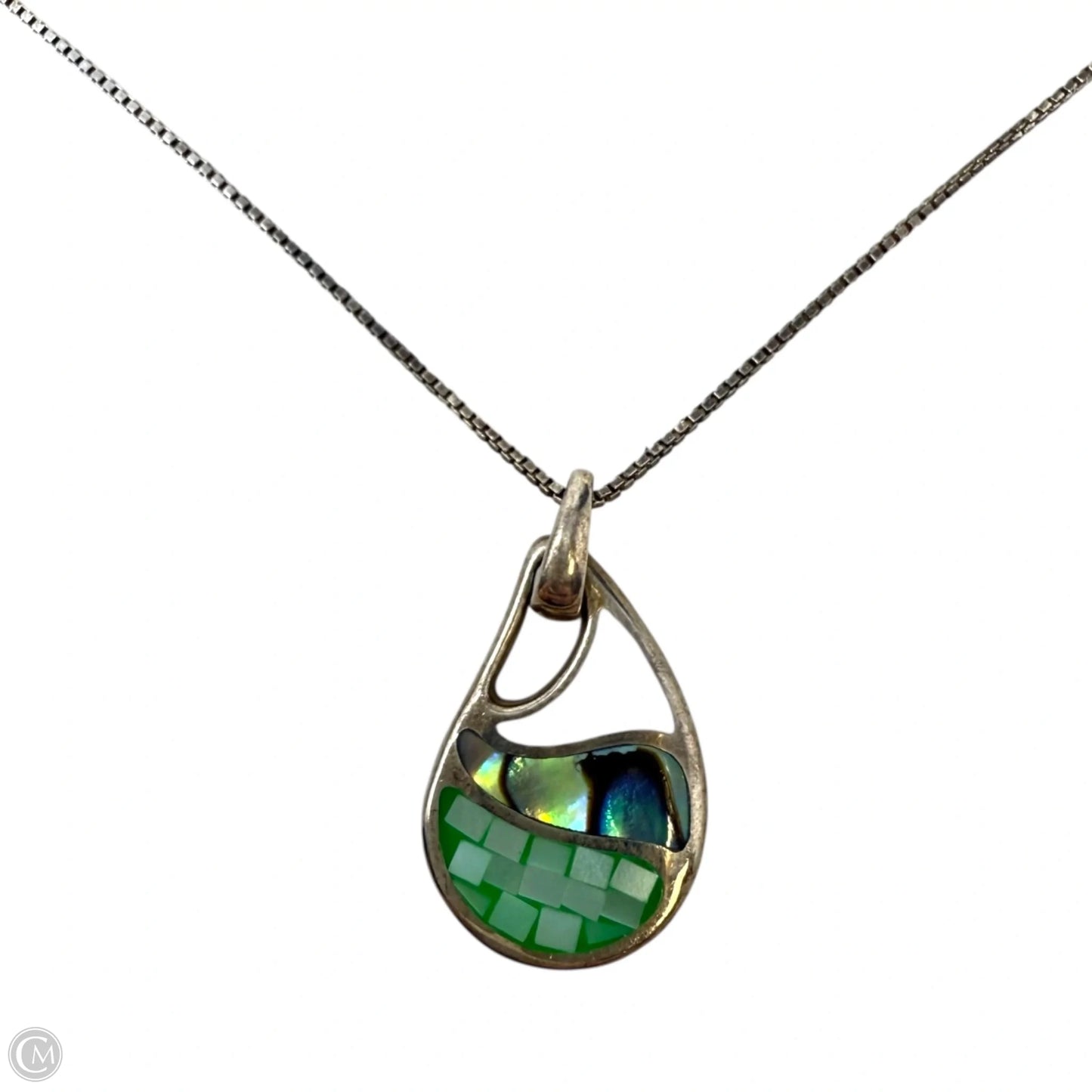 Vintage Sterling Silver 925 Mosaic Inlay Teardrop Pendant Necklace