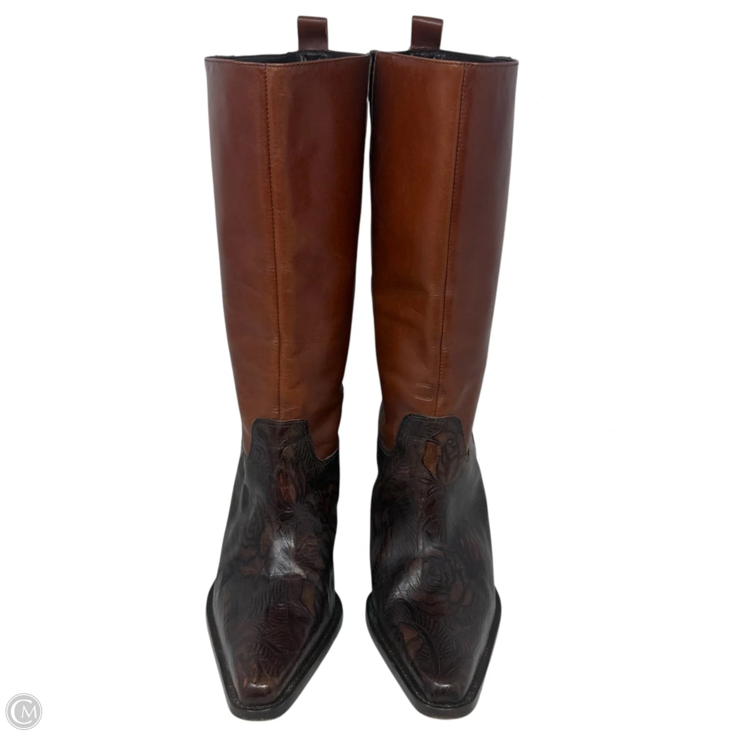 Cassidy Tooled Italian Leather Midcalf Heeled Boots By Antonio Melani In Brown, Size: 9.5