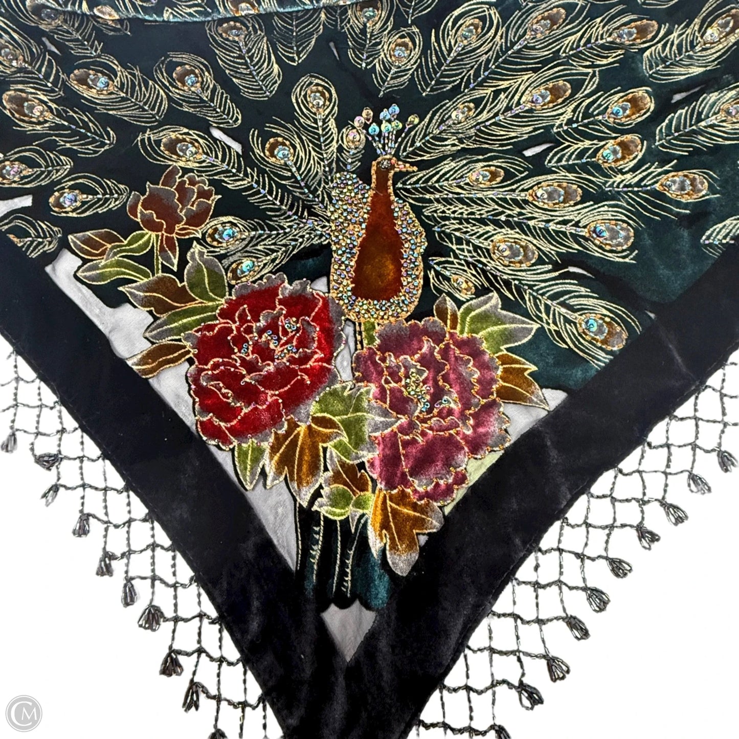 Burnout Velvet & Silk Beaded Peacock Triangle Shawl By Rabella In Multi-colored