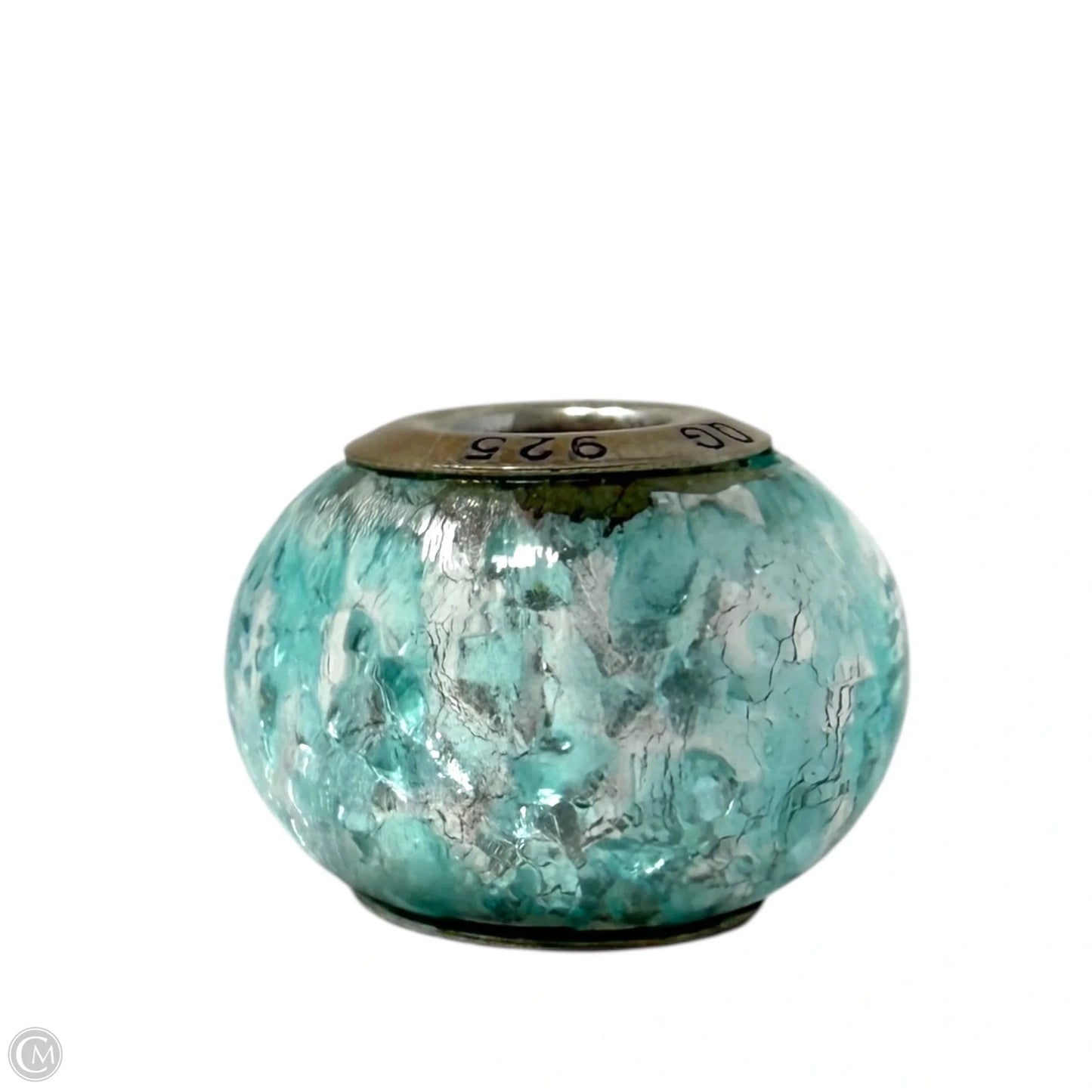 Sterling Silver, Murano Glass Cracked Ice Aqua Bracelet Charm