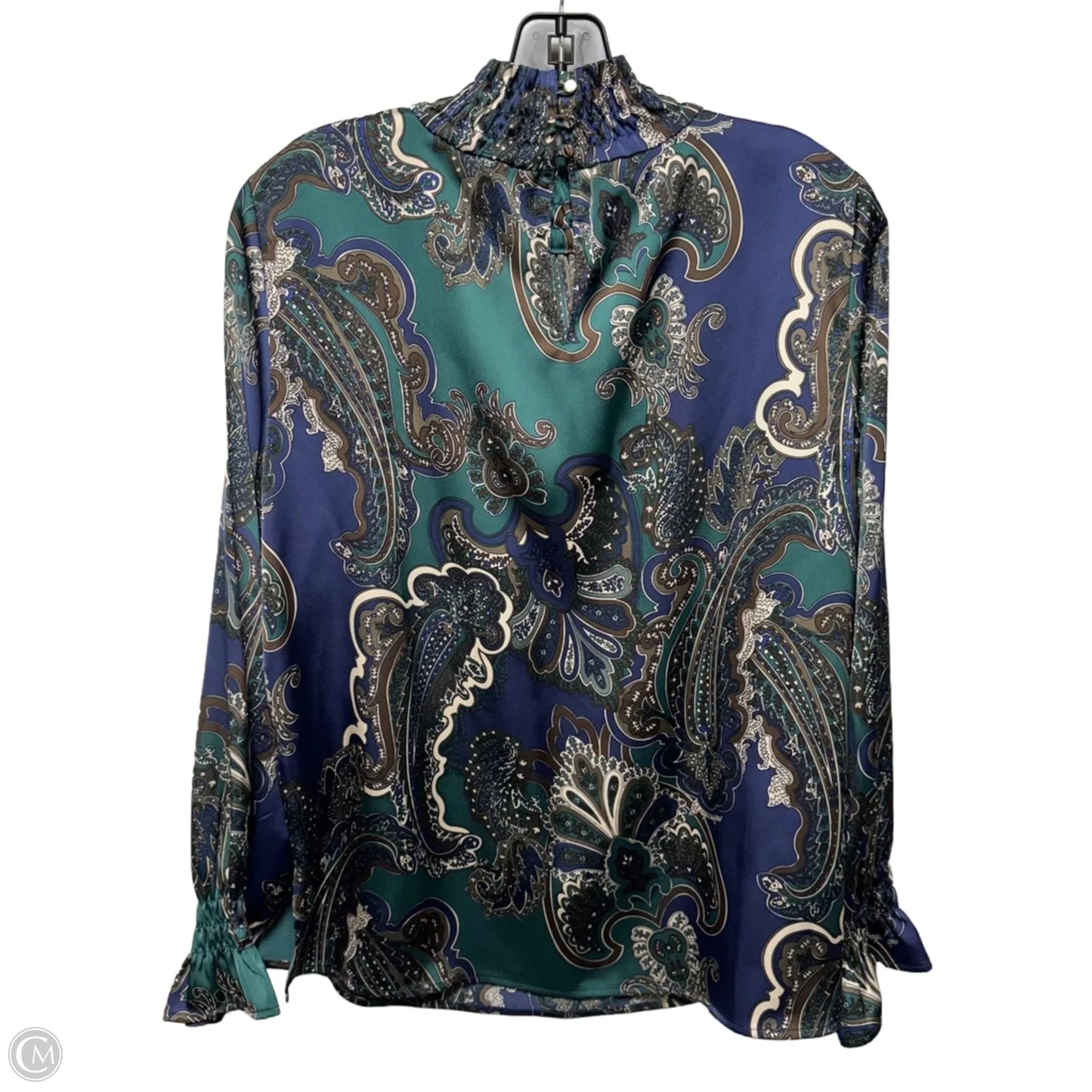 Smocked Trim Crêpe De Chine Charmeuse Blouse By Ming Wang In Forest Veridian/Regatta Paisley Print, Size: S