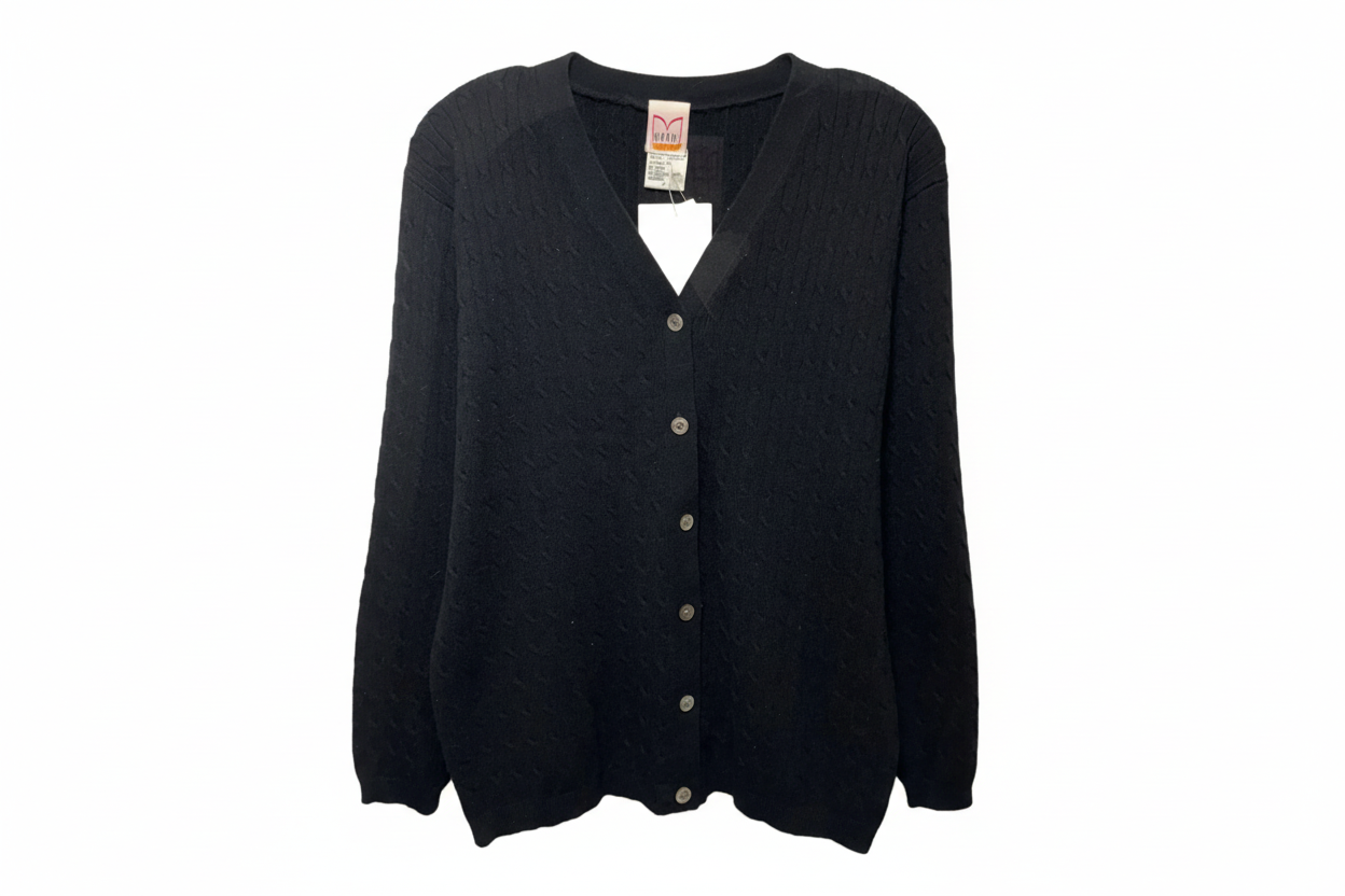 Vintage Cashmere Cable Knit Cardigan Sweater By Mondi In Black, Size: M