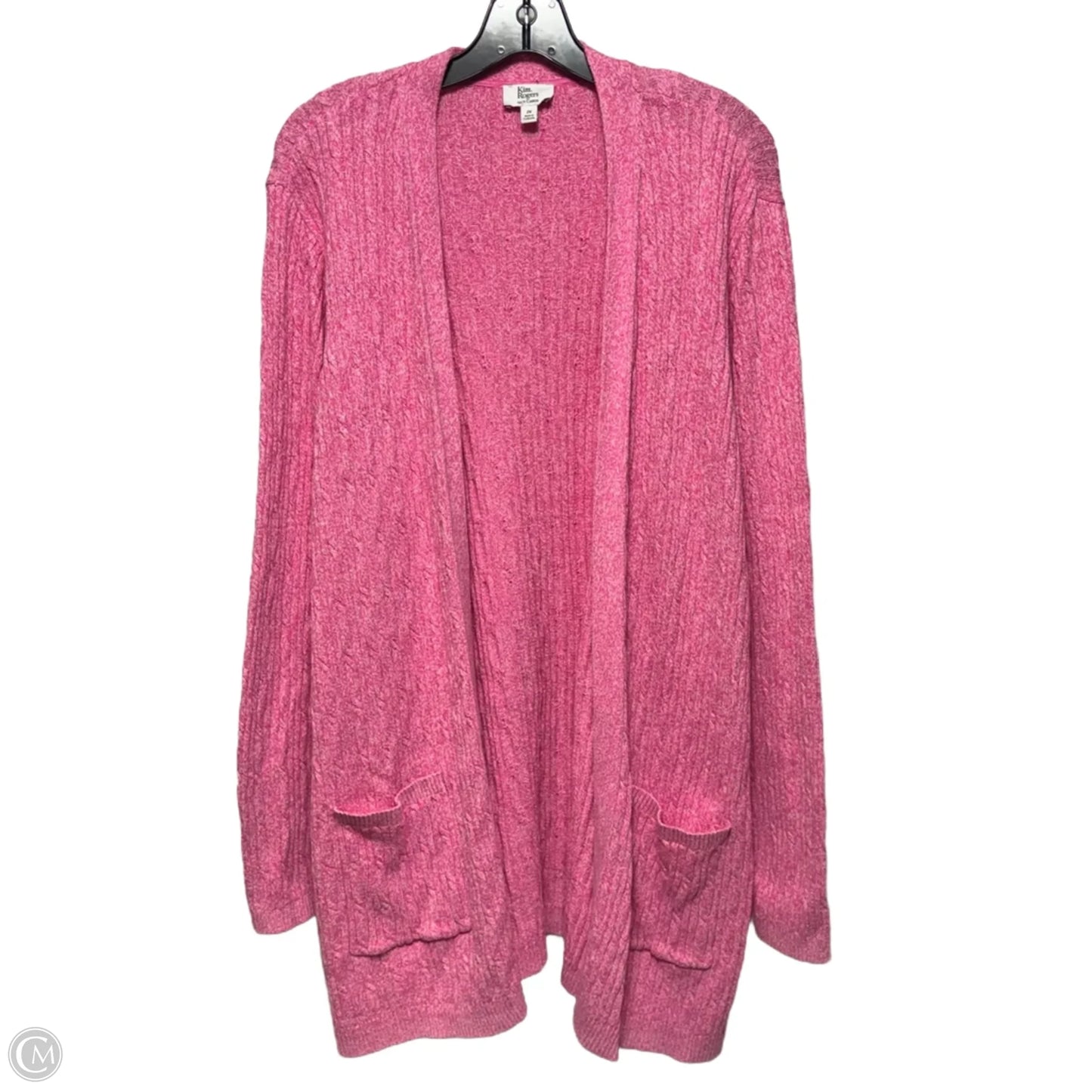 Plus Size Long Sleeve Cable Knit Cardigan Sweater By Kim Rogers In Pink, Size: 2X
