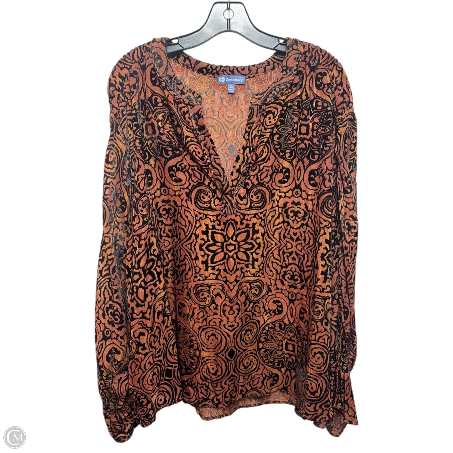 Velvet Burnout Top Long Sleeve By Democracy In Black & Brown, Size: 3x