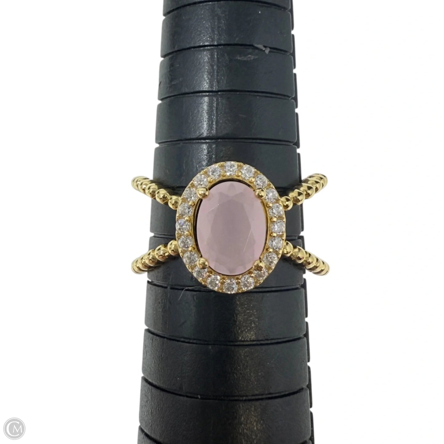 Gold Over Sterling Silver Pavé Halo Pink Quartz Twisted Band Ring, Size: 7