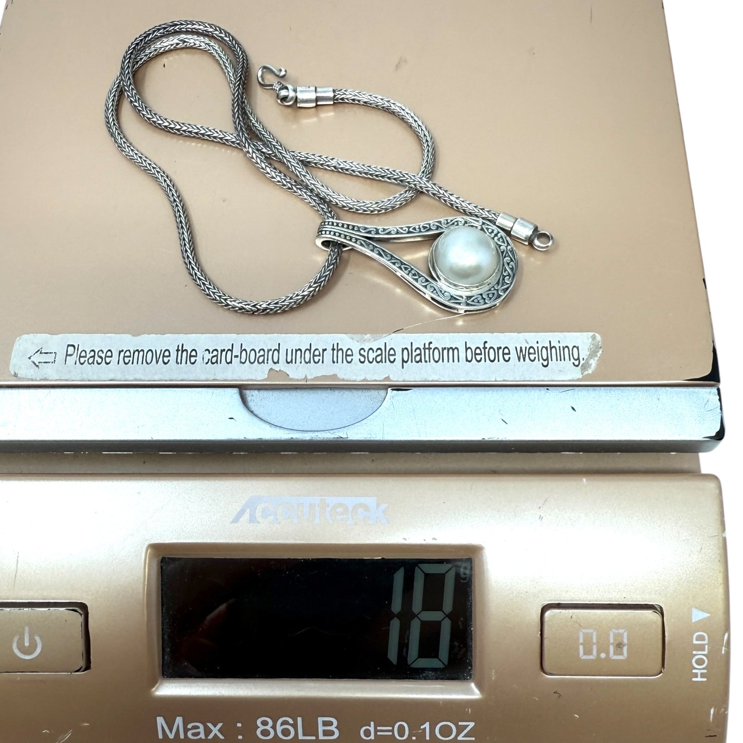 Sterling Silver Mabe Pearl Scrollwork Pendant & Wheat Chain Necklace