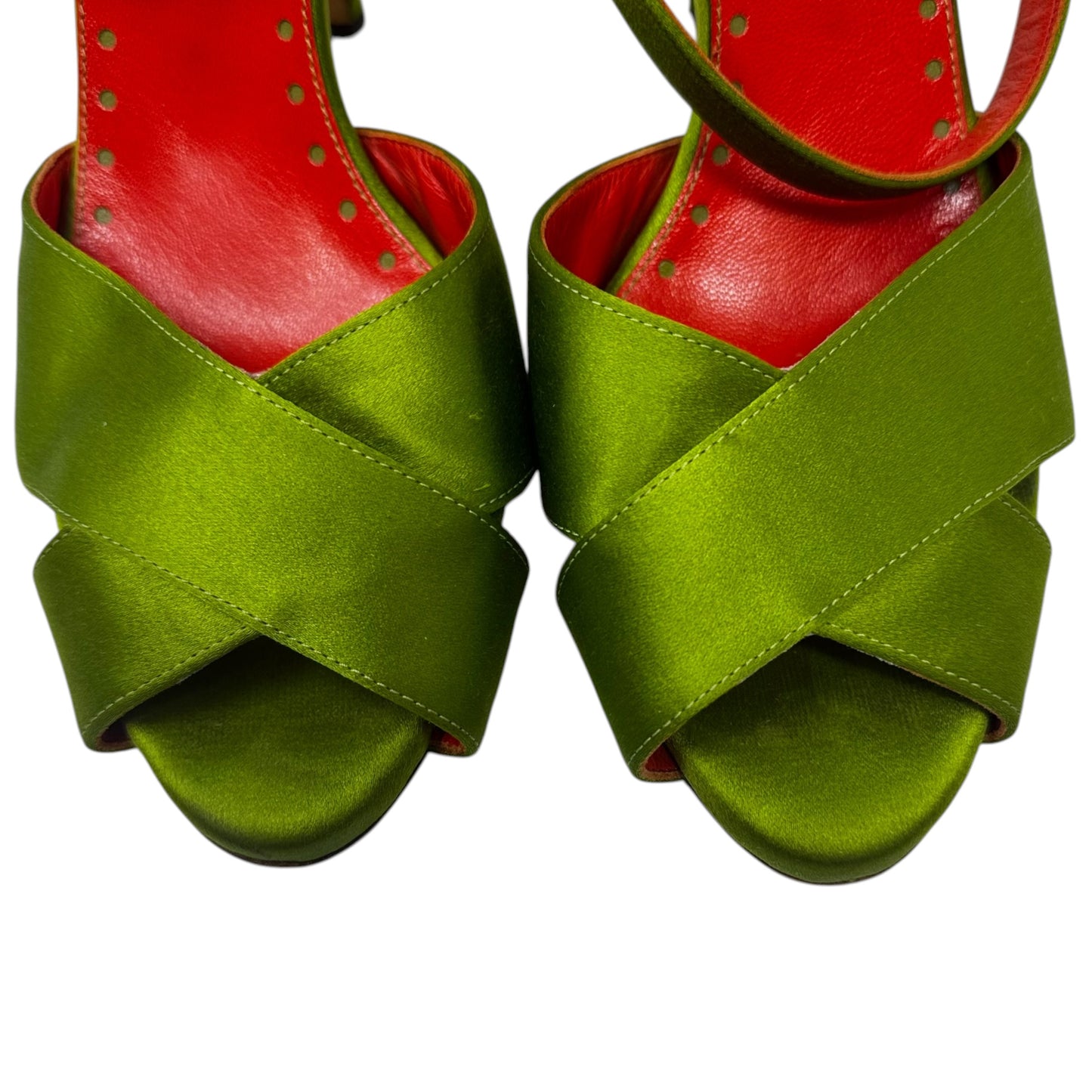 AS IS Rive Gauche Satin Heels Shoes Luxury Designer By Yves Saint Laurent In Green & Red, Size: 9 (39)