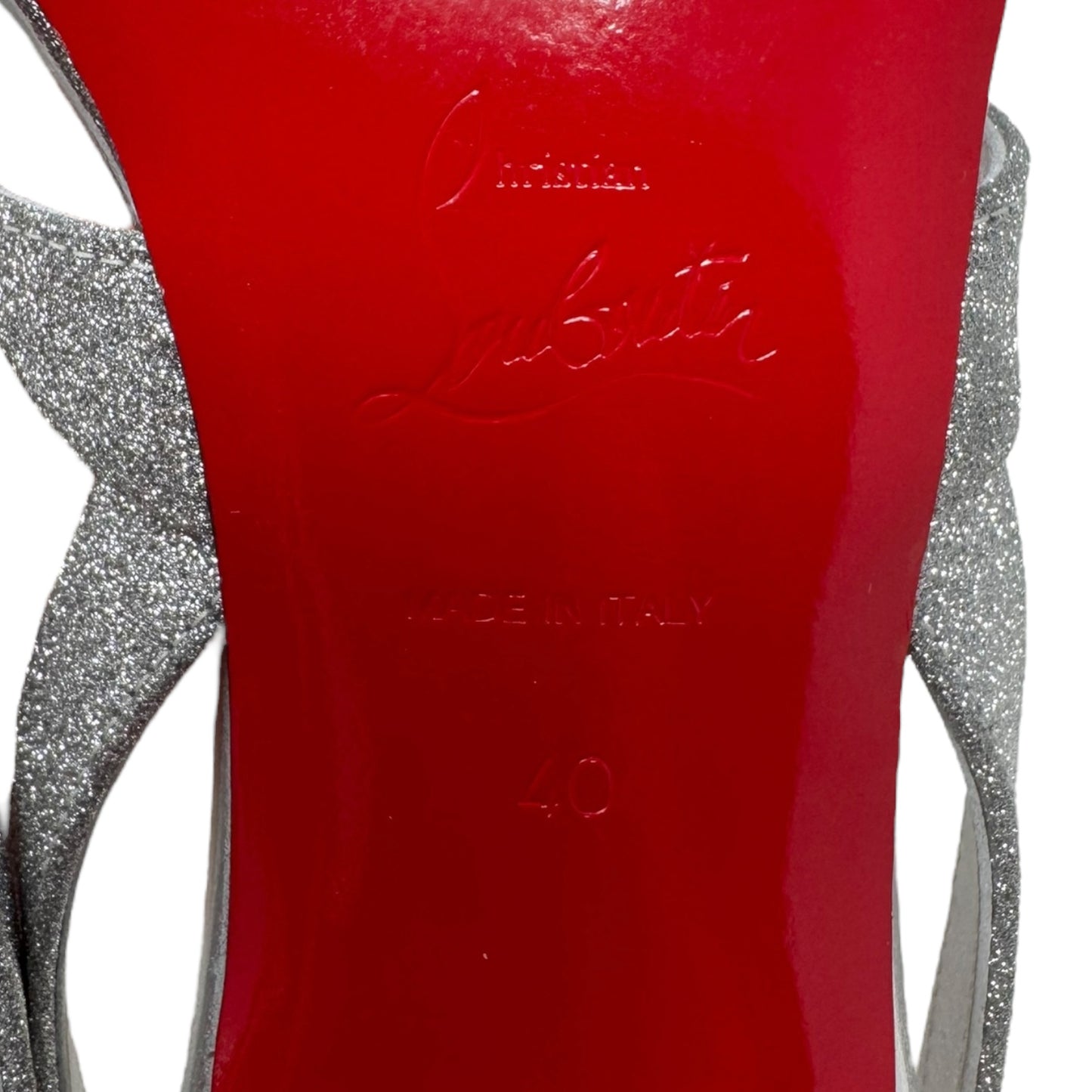 Taralita Glitter 85mm Slingback Heel Sandals Shoes Luxury Designer By Christian Louboutin In Silver, Size: 9 (IT 40)