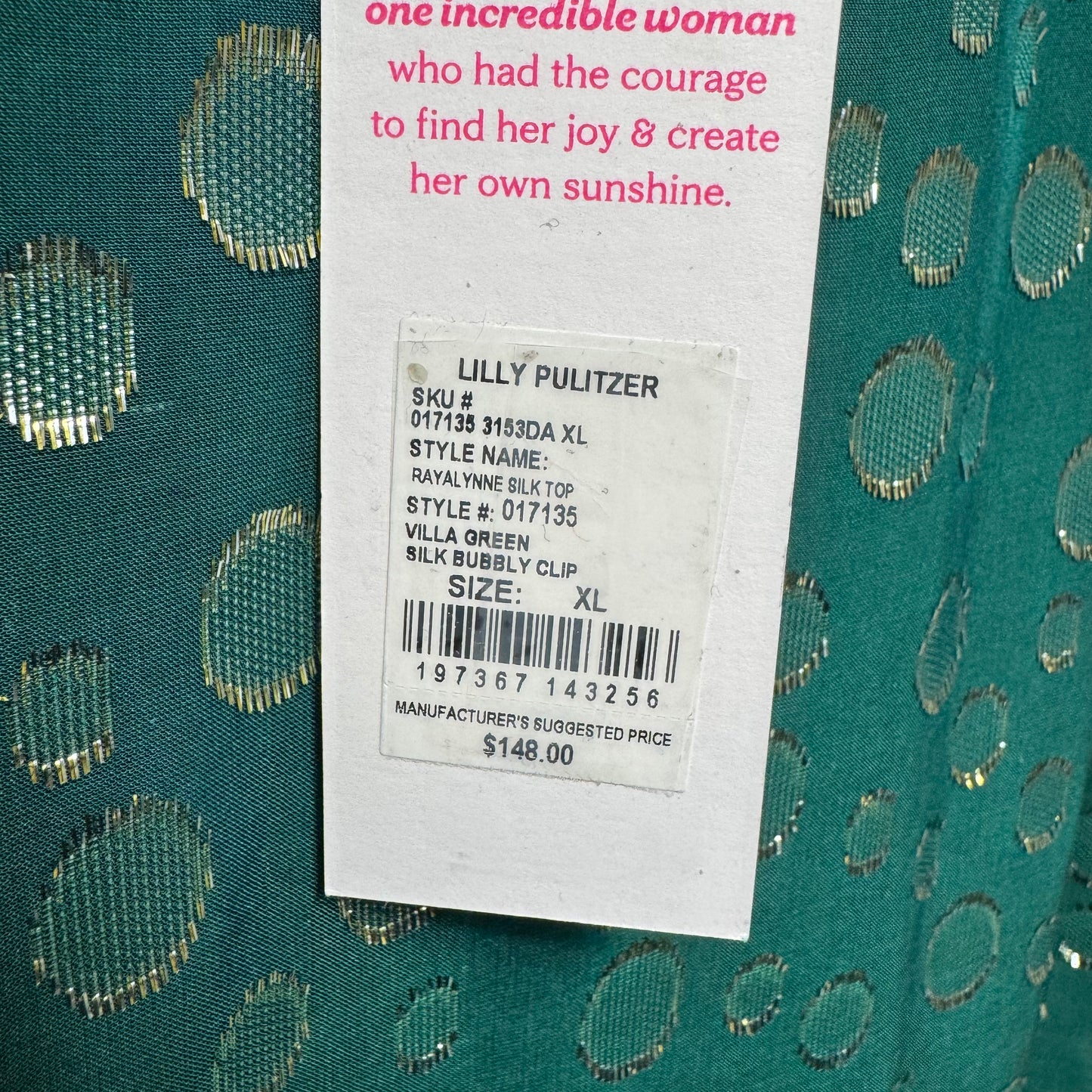 Rayalynne Silk Top Sleeveless Designer By Lilly Pulitzer In Villa Green Silk Bubbly Clip, Size: Xl