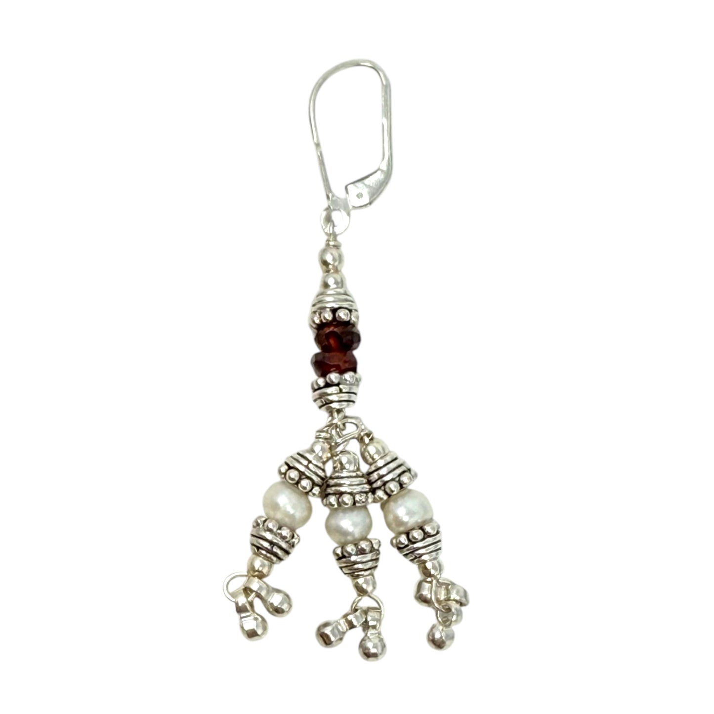 Sterling Silver Pearl & Red Stone Lever Back Dangle Earrings Unbranded