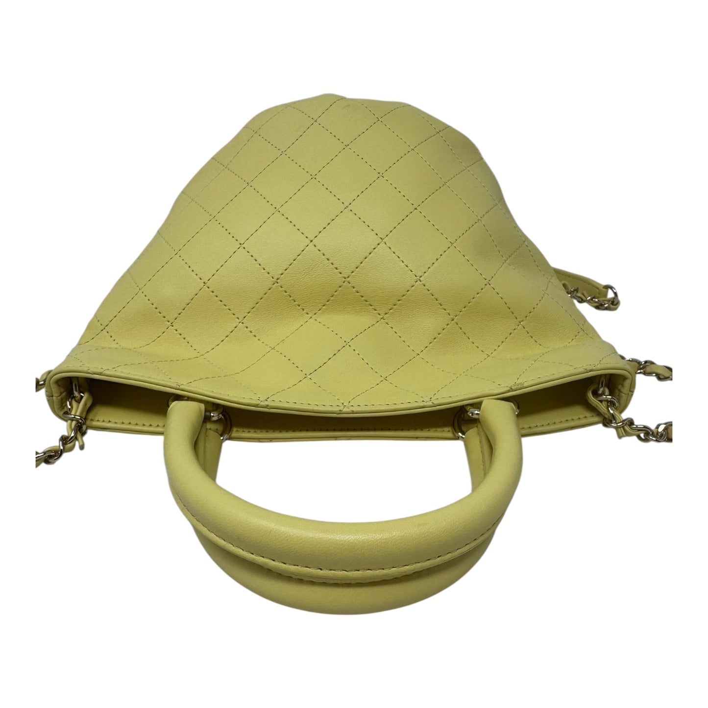 Limited Edition CC Lock Chain Handle Bucket Tote In Light Yellow Soft Quilted Lambskin Luxury Designer By Chanel, Size: Medium