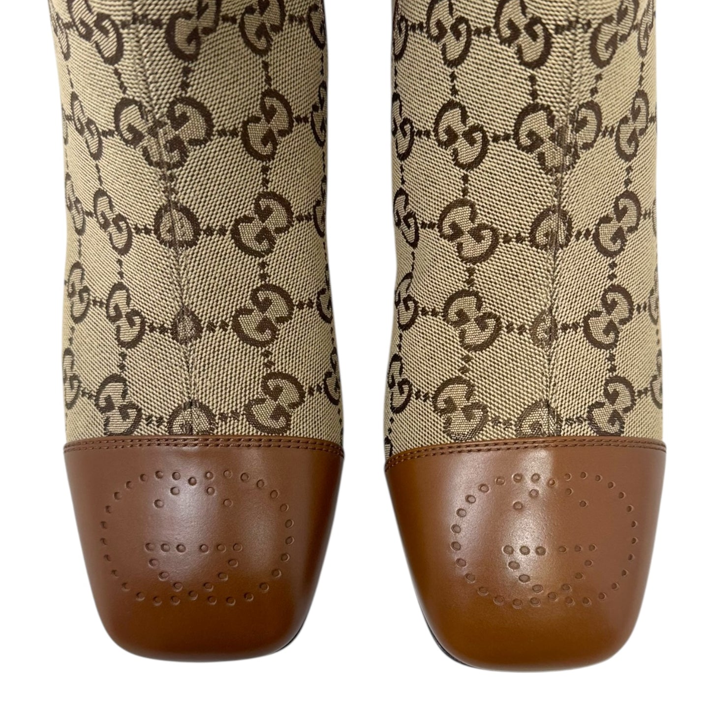Ellis GG Supreme Canvas & Leather Cap Toe Ankle Boots Luxury Designer By Gucci In Camel Ebony, Size: 7.5