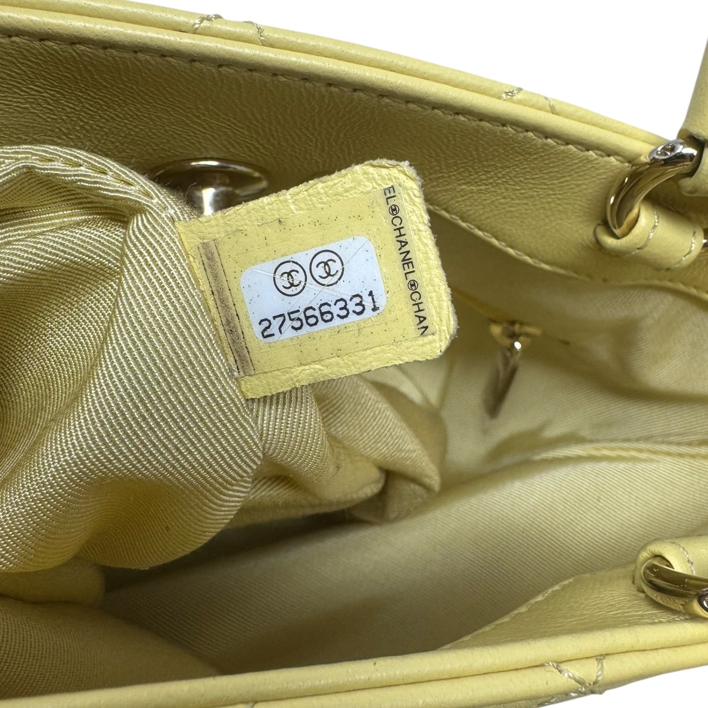 Limited Edition CC Lock Chain Handle Bucket Tote In Light Yellow Soft Quilted Lambskin Luxury Designer By Chanel, Size: Medium