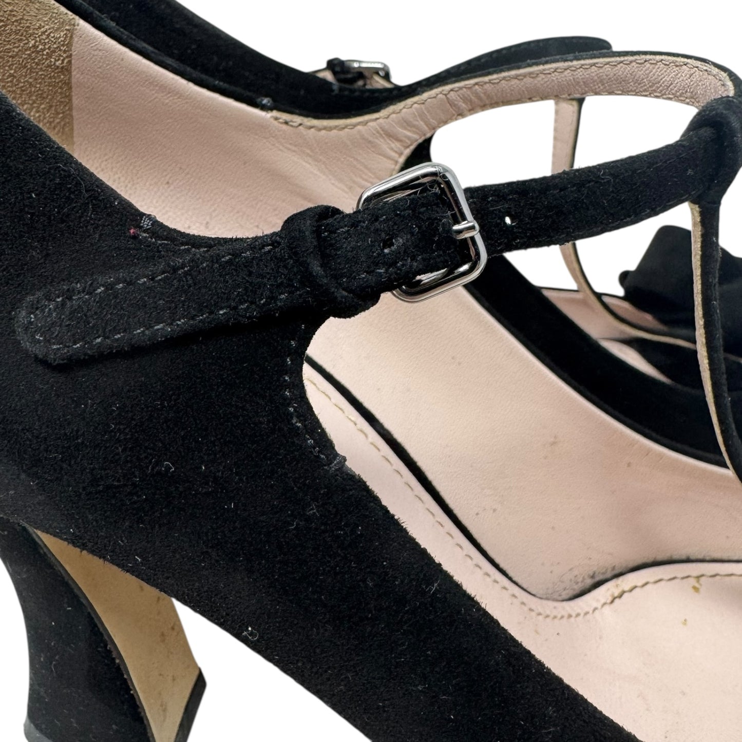 Suede T Strap Peep Toe Heels Shoes Luxury Designer By Miu Miu In Black, Size: 10 (IT 40)