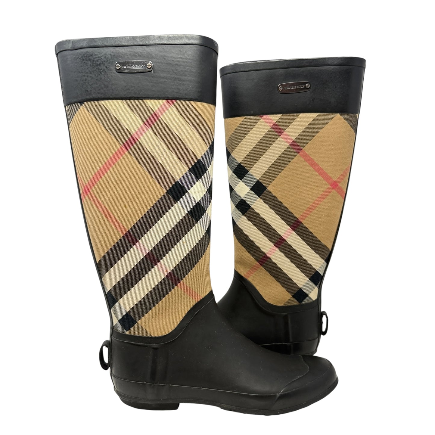 Clemence Rubber Rain Boots Luxury Designer By Burberry In House Check Black, Size: 7