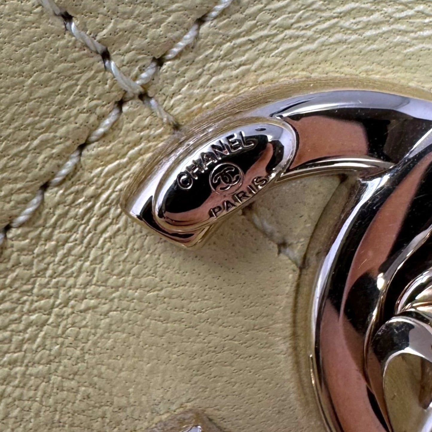 Limited Edition CC Lock Chain Handle Bucket Tote In Light Yellow Soft Quilted Lambskin Luxury Designer By Chanel, Size: Medium