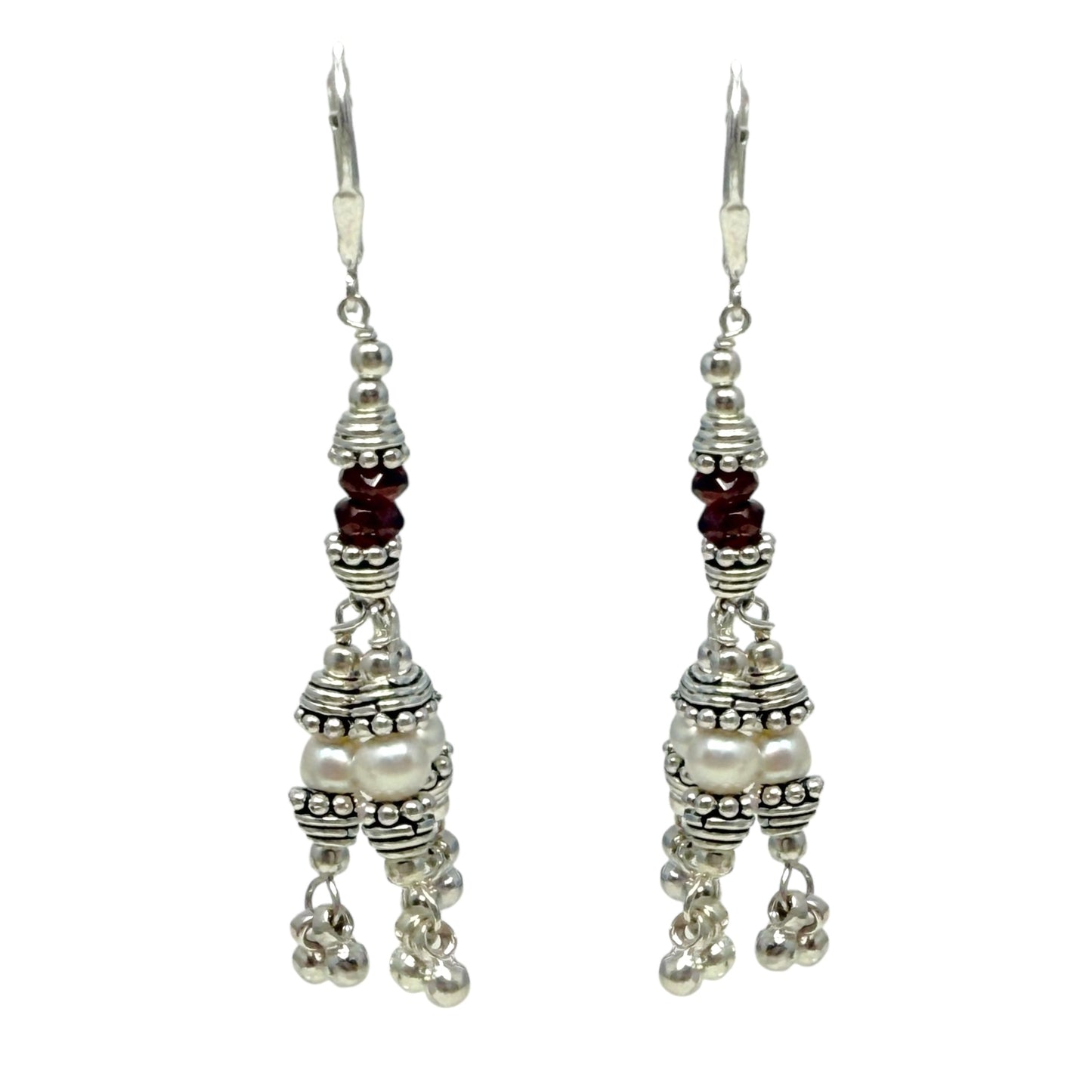 Sterling Silver Pearl & Red Stone Lever Back Dangle Earrings Unbranded