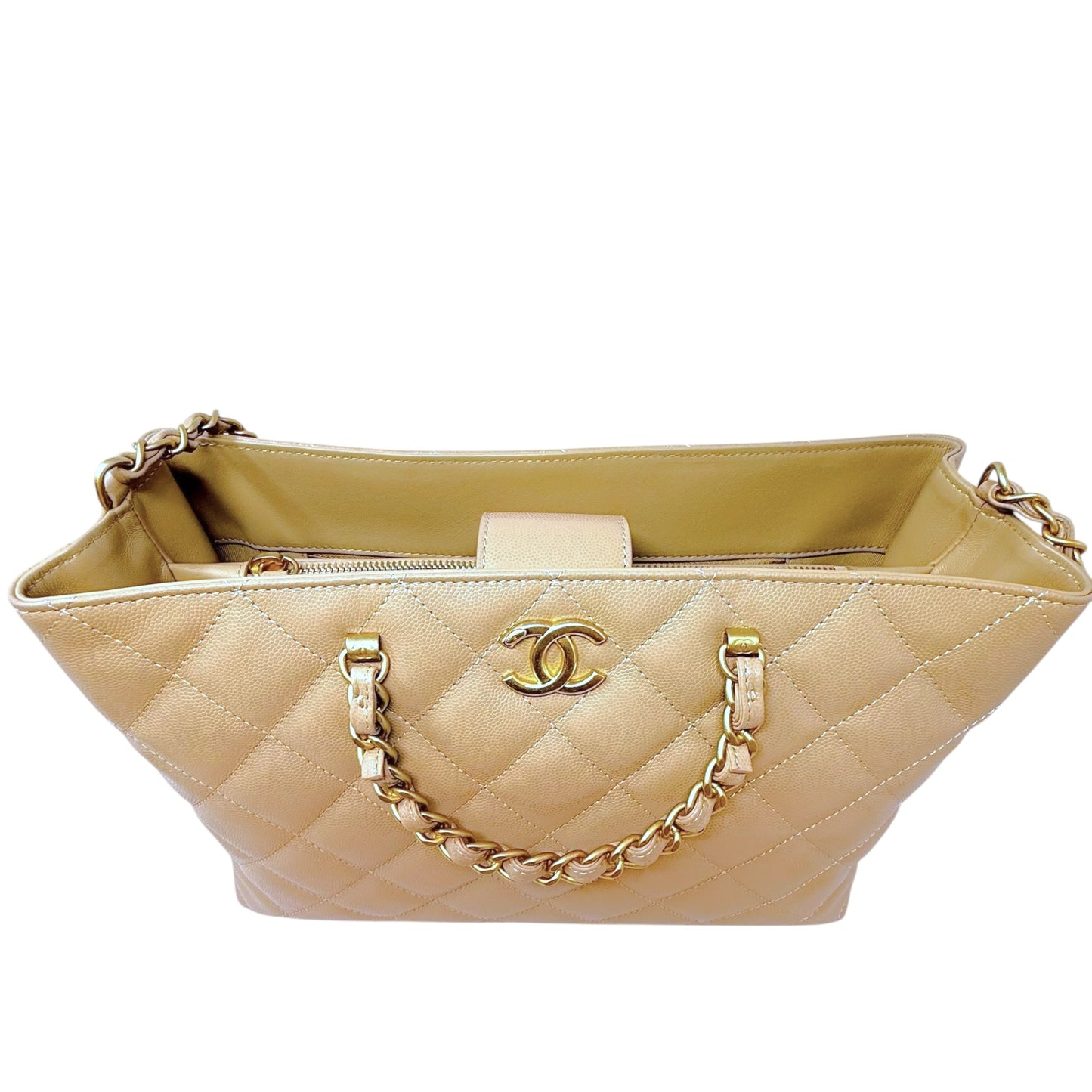 RARE 24S Coco Shiny Caviar Quilted Chain Top Handle Shopping Bag Luxury Designer By Chanel, Size: Medium