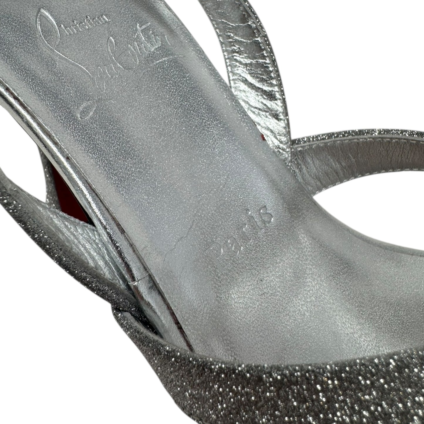Taralita Glitter 85mm Slingback Heel Sandals Shoes Luxury Designer By Christian Louboutin In Silver, Size: 9 (IT 40)