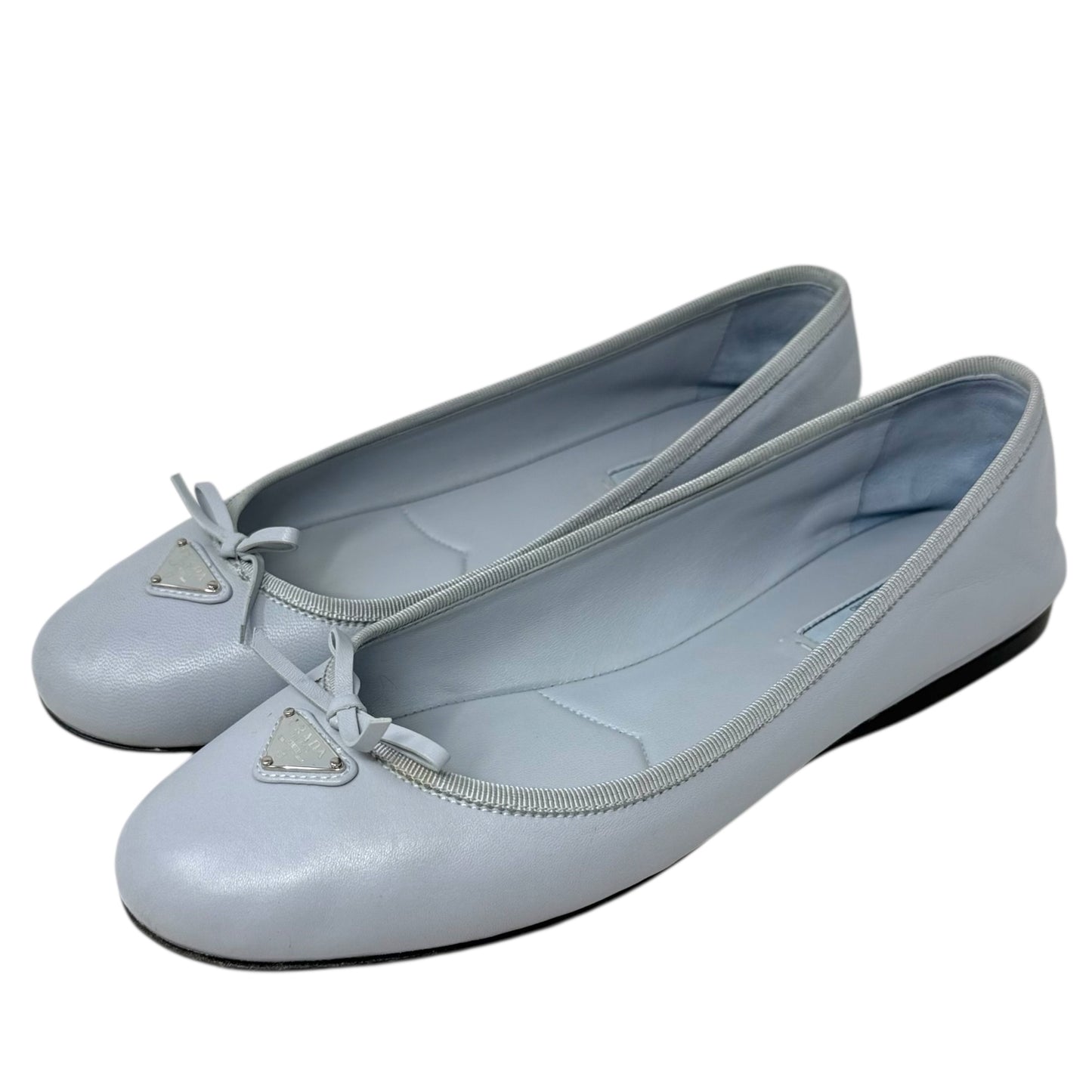 Nappa Lambskin Leather Bow Ballerina Flats Luxury Designer By Prada In Cornflower (Fiordaliso), Size: US 9/IT 39