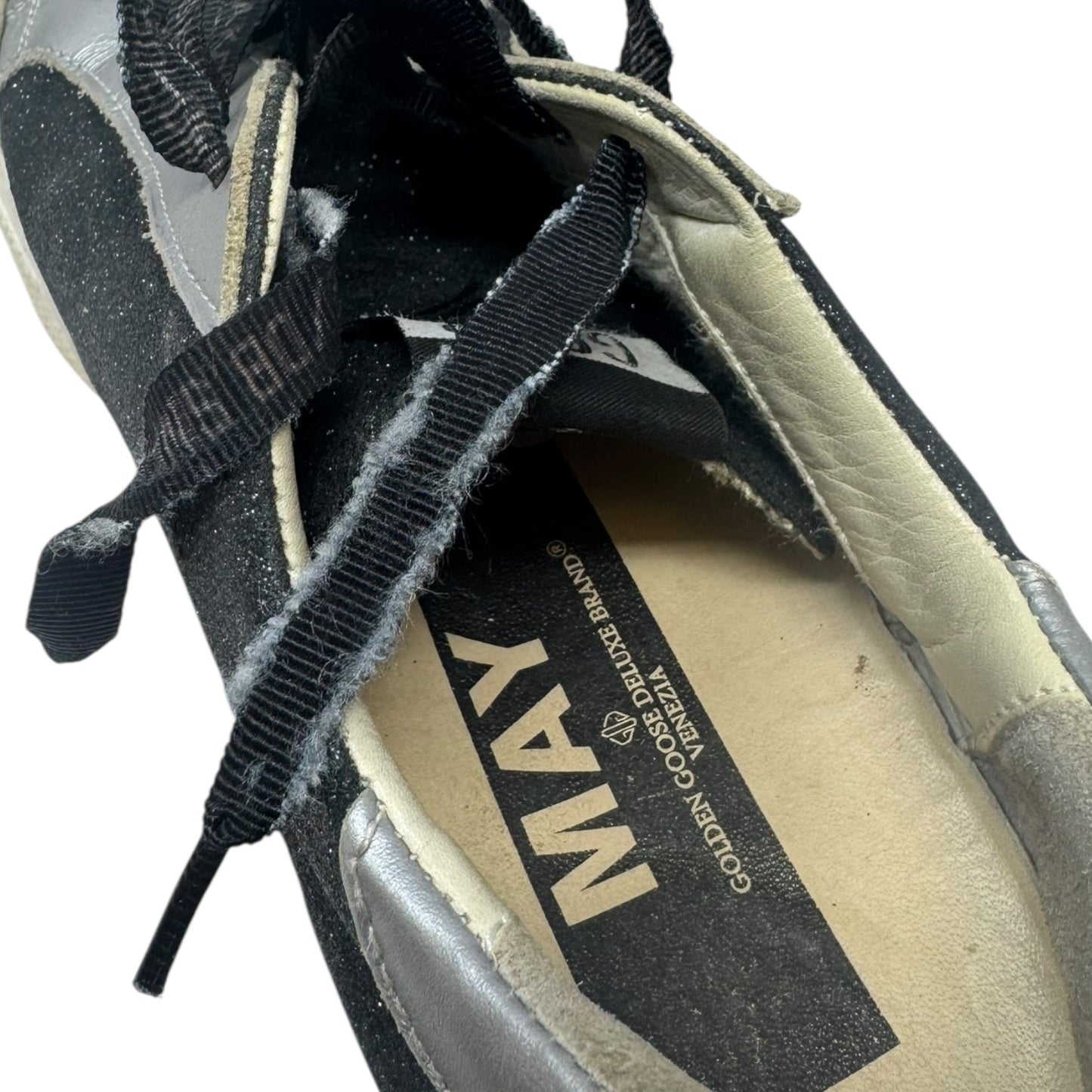May Glitter Sneaker Shoes Luxury Designer By Golden Goose In Black & Silver, Size: 7.5 (EU 38)