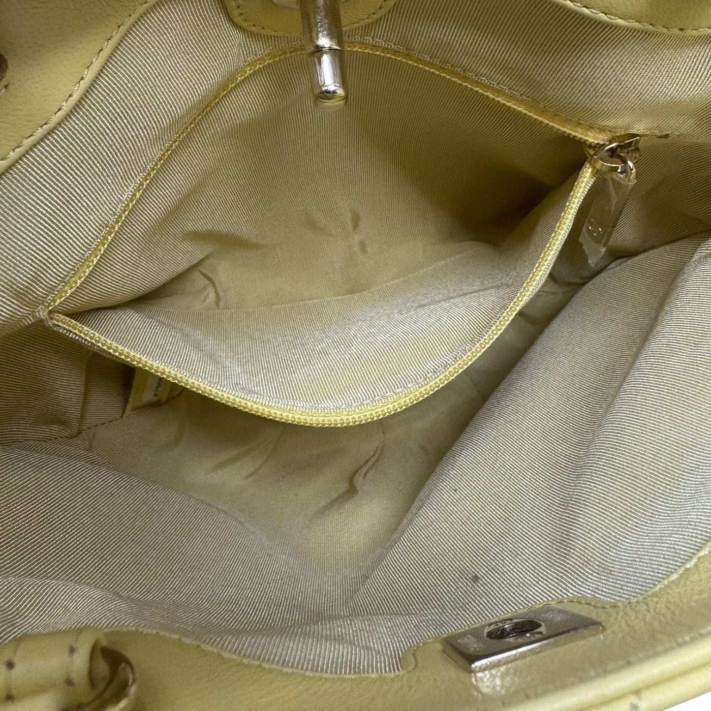 Limited Edition CC Lock Chain Handle Bucket Tote In Light Yellow Soft Quilted Lambskin Luxury Designer By Chanel, Size: Medium