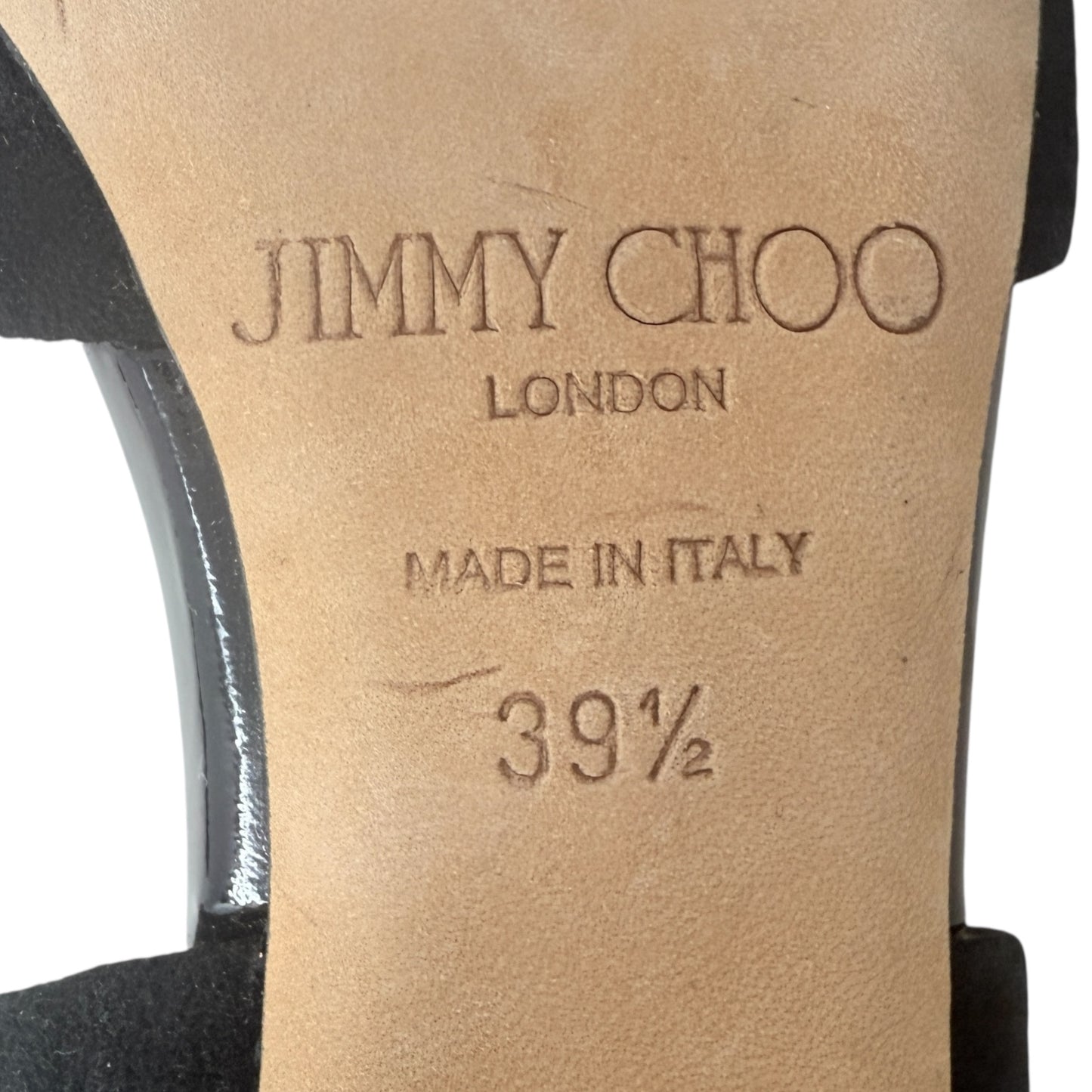 Teira Stiletto Lace Up Sandals Luxury Designer By Jimmy Choo In Black & Gold, Size: 9.5