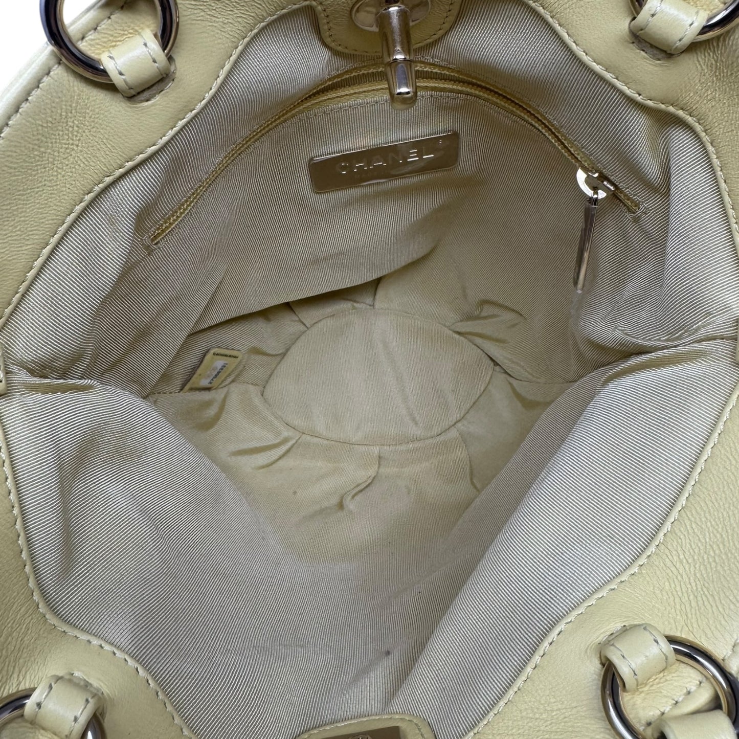 Limited Edition CC Lock Chain Handle Bucket Tote In Light Yellow Soft Quilted Lambskin Luxury Designer By Chanel, Size: Medium
