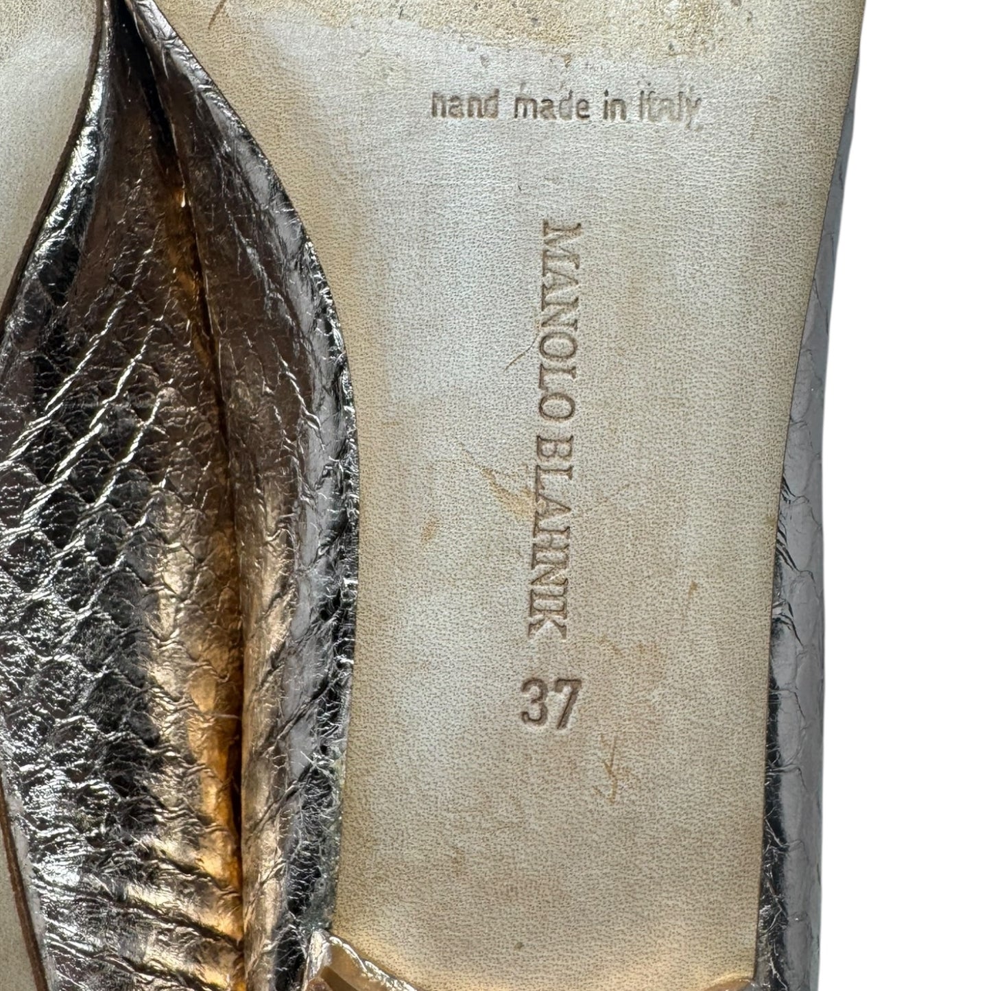 Metallic Snakeskin Peep Toe Block Heel Shoes Luxury Designer By Manolo Blahnik In Rose Gold, Size: 7 (IT 37)