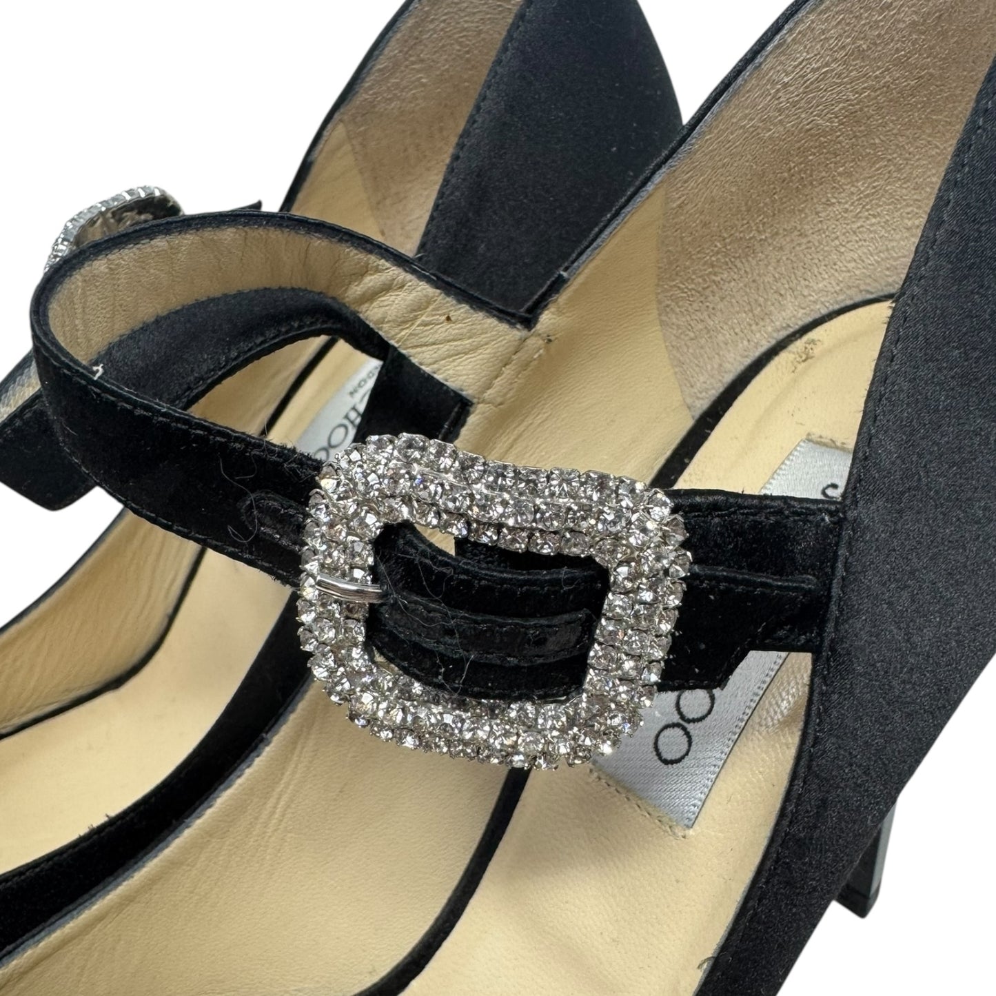 Embellished Buckle Peep Tor Heels Shoes Luxury Designer By Jimmy Choo In Black, Size: 11 (IT 41)