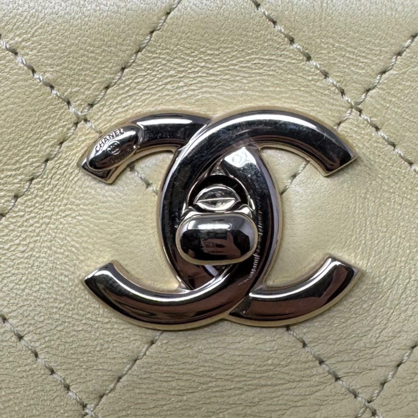 Limited Edition CC Lock Chain Handle Bucket Tote In Light Yellow Soft Quilted Lambskin Luxury Designer By Chanel, Size: Medium