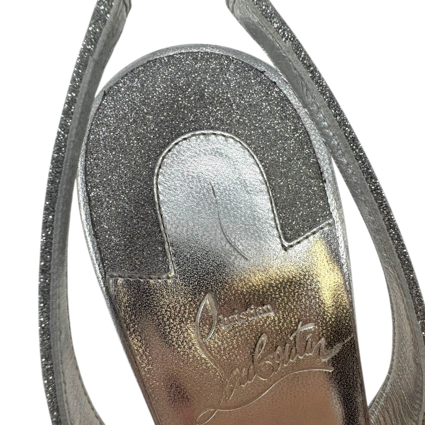 Taralita Glitter 85mm Slingback Heel Sandals Shoes Luxury Designer By Christian Louboutin In Silver, Size: 9 (IT 40)