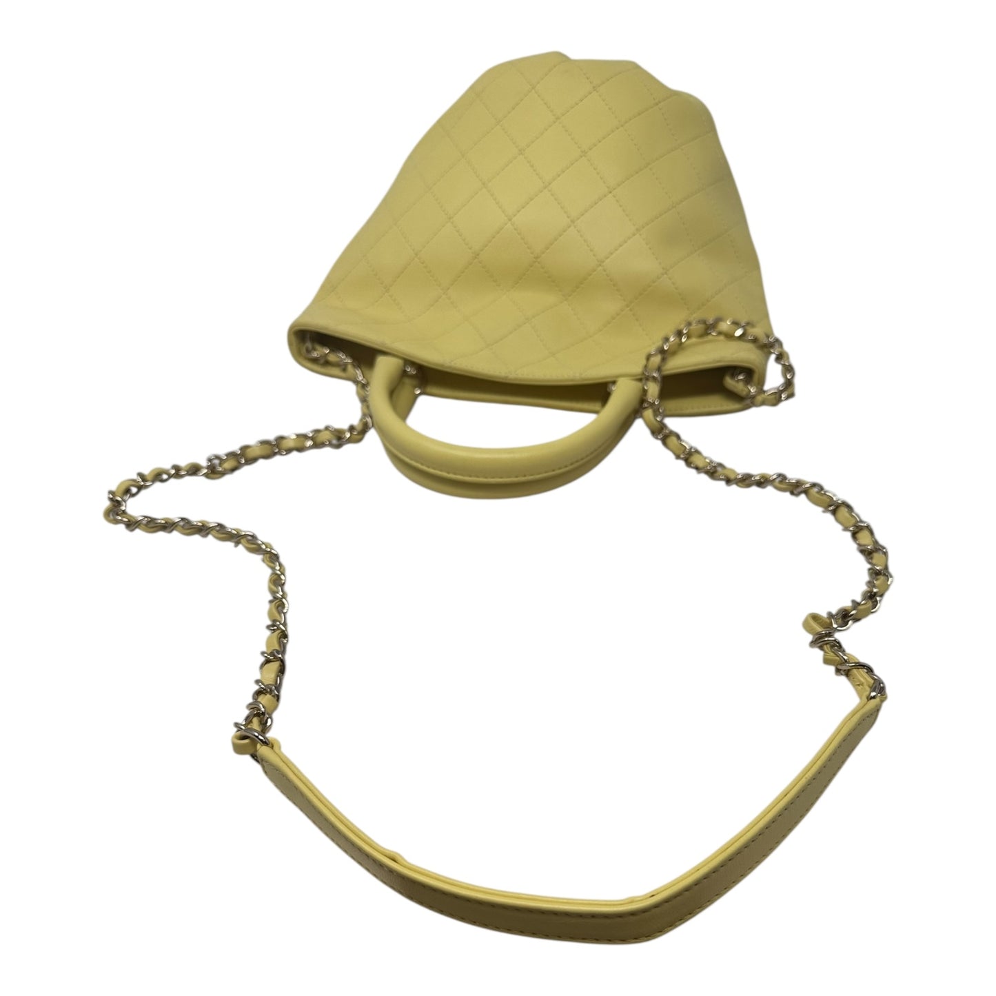 Limited Edition CC Lock Chain Handle Bucket Tote In Light Yellow Soft Quilted Lambskin Luxury Designer By Chanel, Size: Medium