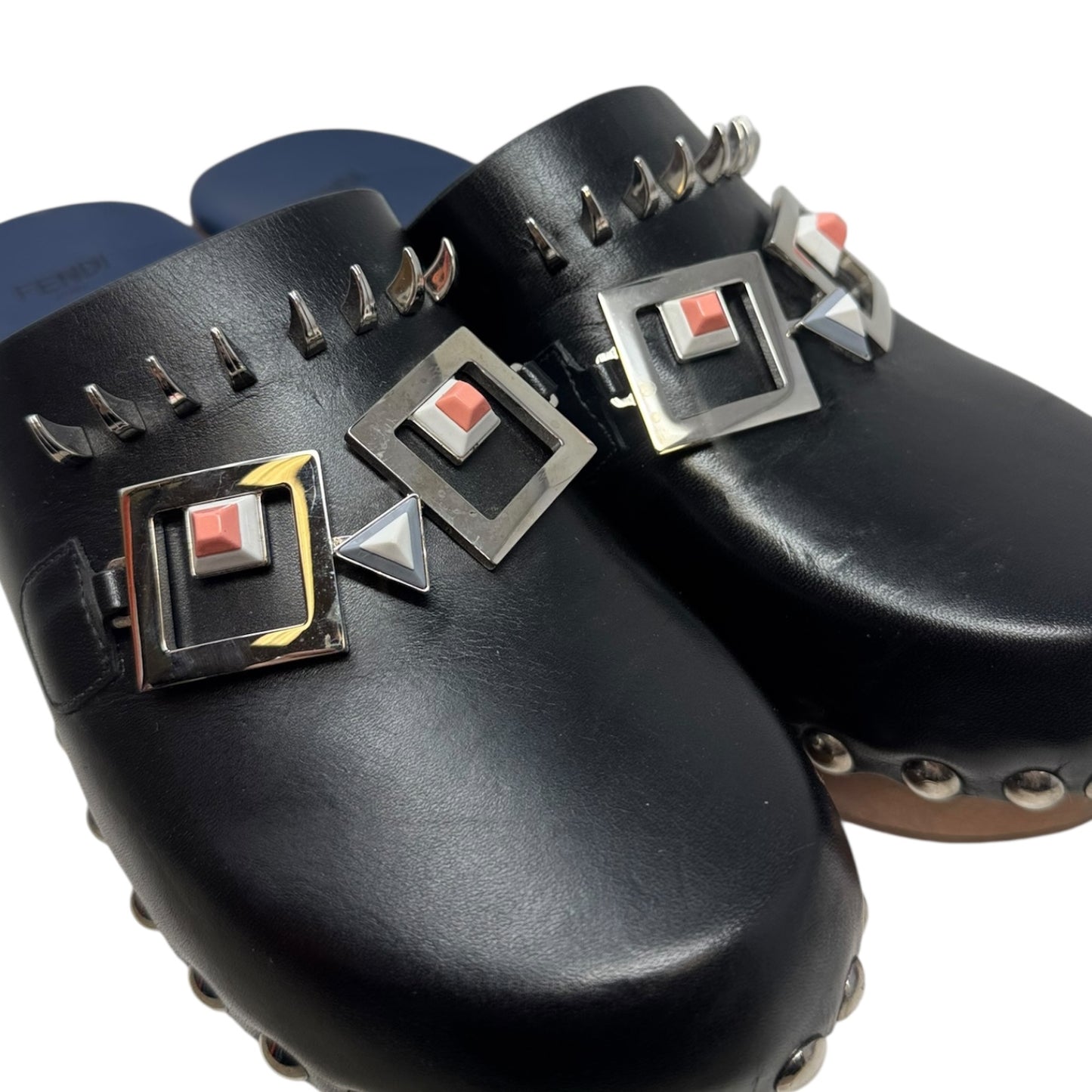 (Monster) Faces Spiked Leather Clogs Luxury Designer By Fendi In Black, Size: US 8 (IT 38)