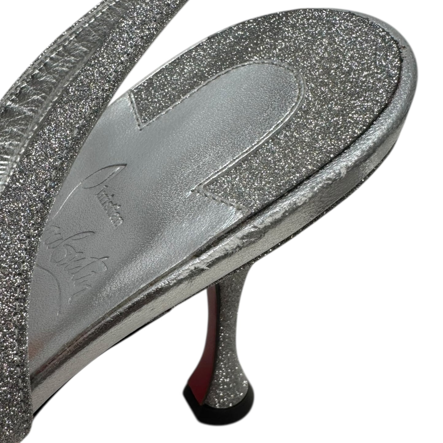 Taralita Glitter 85mm Slingback Heel Sandals Shoes Luxury Designer By Christian Louboutin In Silver, Size: 9 (IT 40)