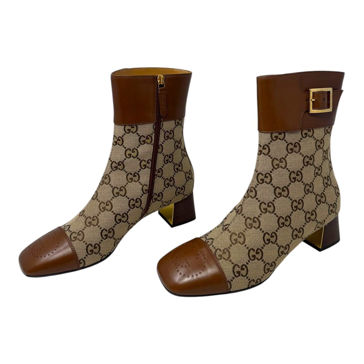 Ellis GG Supreme Canvas & Leather Cap Toe Ankle Boots Luxury Designer By Gucci In Camel Ebony, Size: 7.5