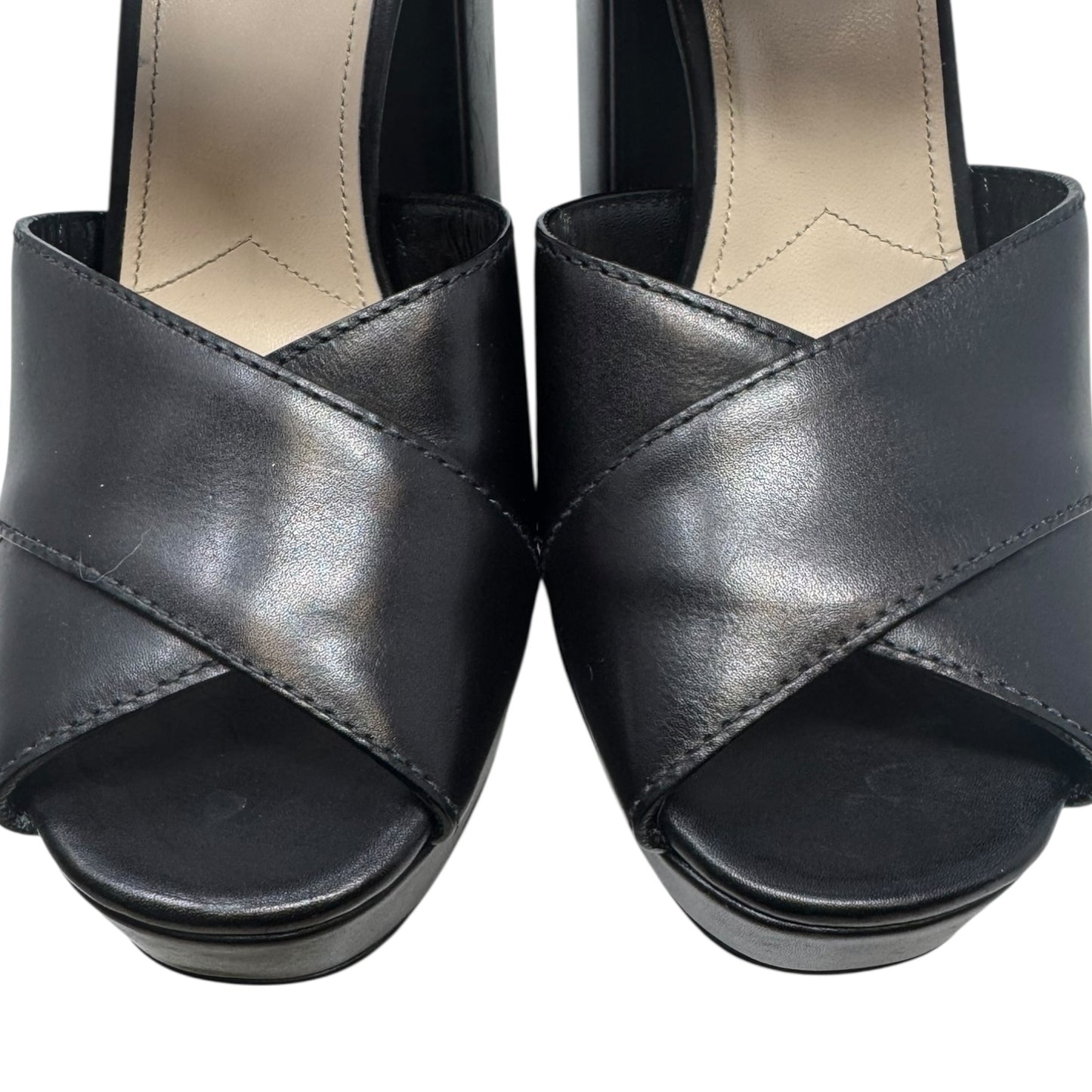 Platform Buckle Block Heels Shoes Luxury Designer By Prada In Black, Size: 11 (IT 41)