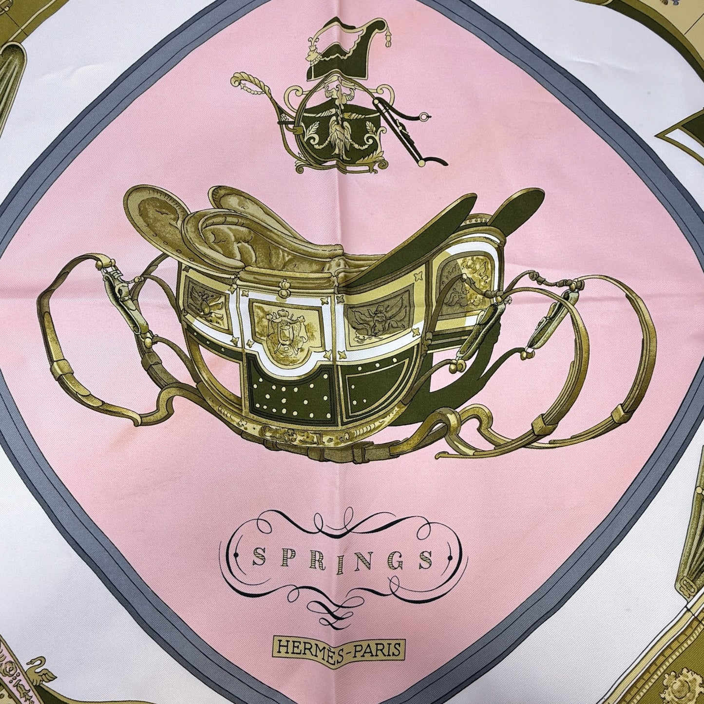 Vintage Carre 90 Philippe Ledoux “Springs“ Horse-Drawn Carriage Motif Silk Scarf Luxury Designer By Hermes