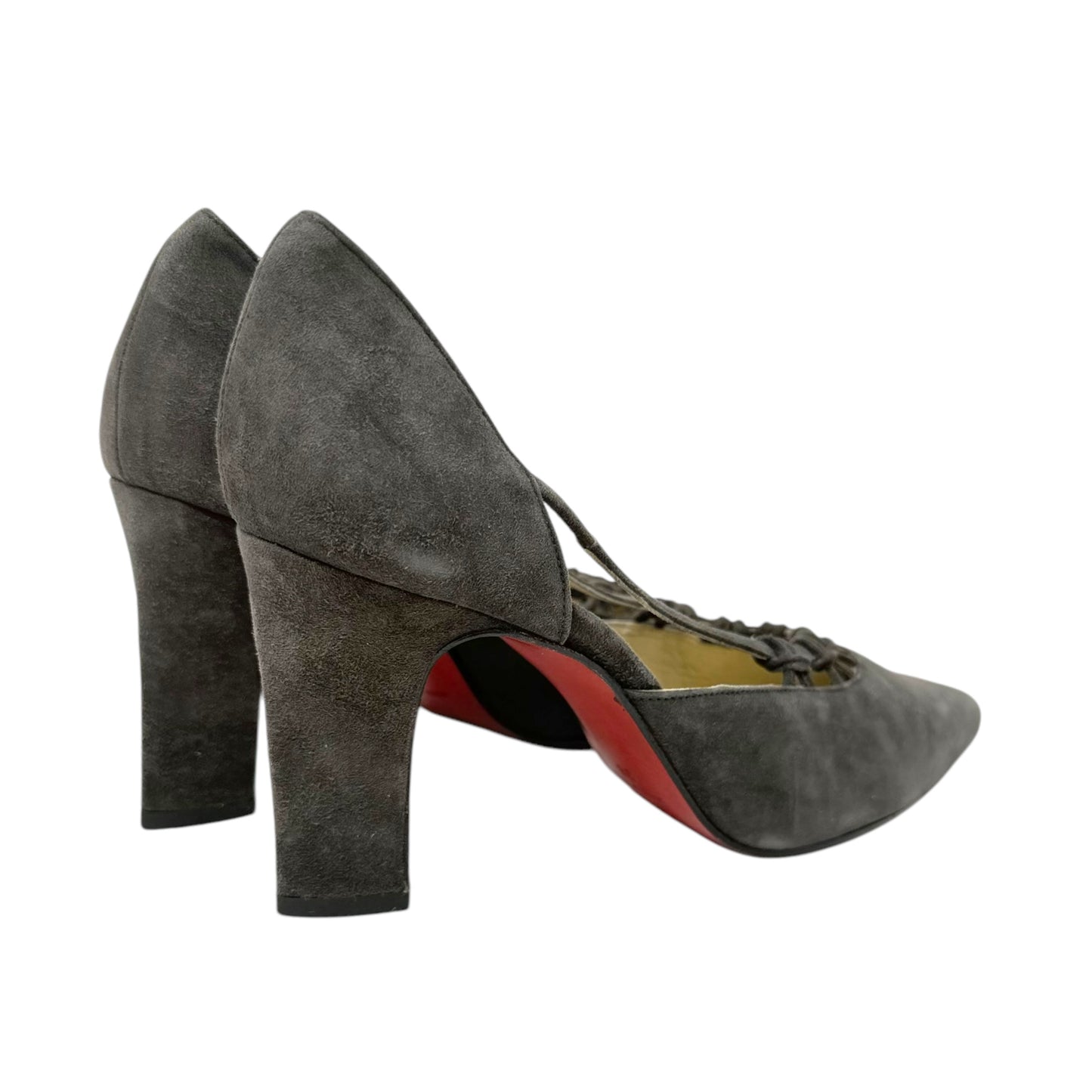 RARE D’Orsay Cutout Block Heel Pointed Toe Suede Pumps Luxury Designer By Christian Louboutin In Grey/Green, Size: US 7/IT 38