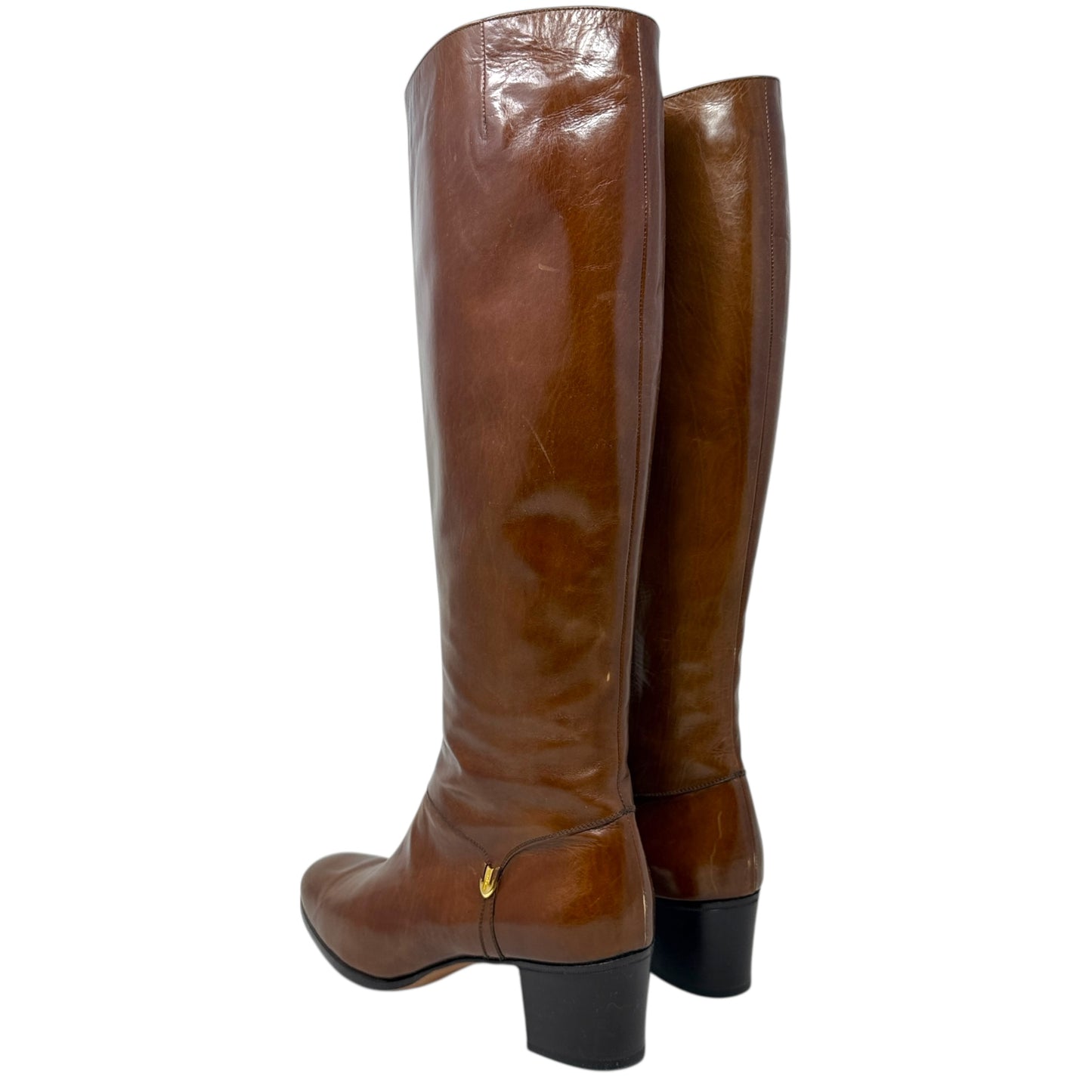 Vintage Leather Riding Boots Luxury Designer By Ferragamo In Brown, Size: 8