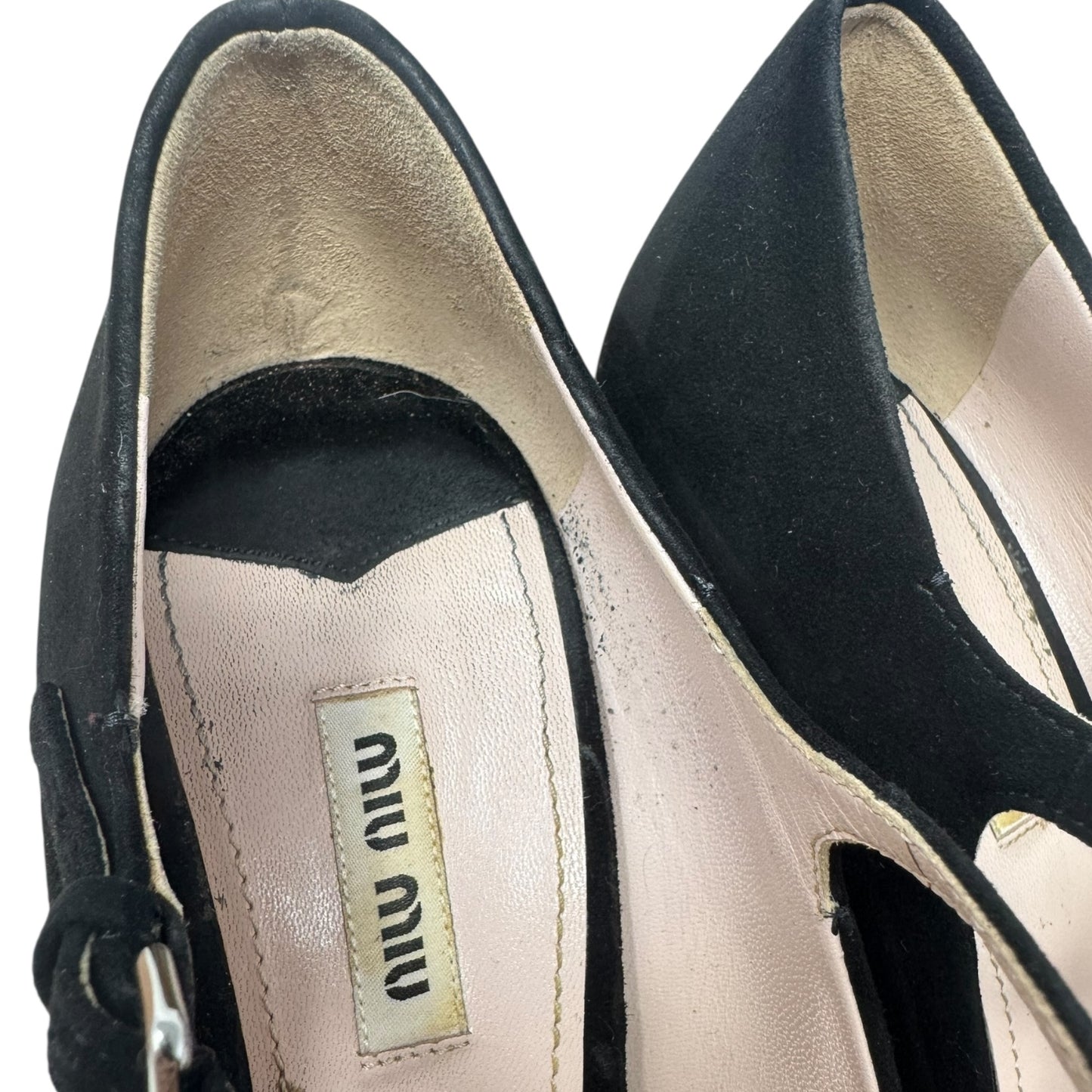 Suede T Strap Peep Toe Heels Shoes Luxury Designer By Miu Miu In Black, Size: 10 (IT 40)