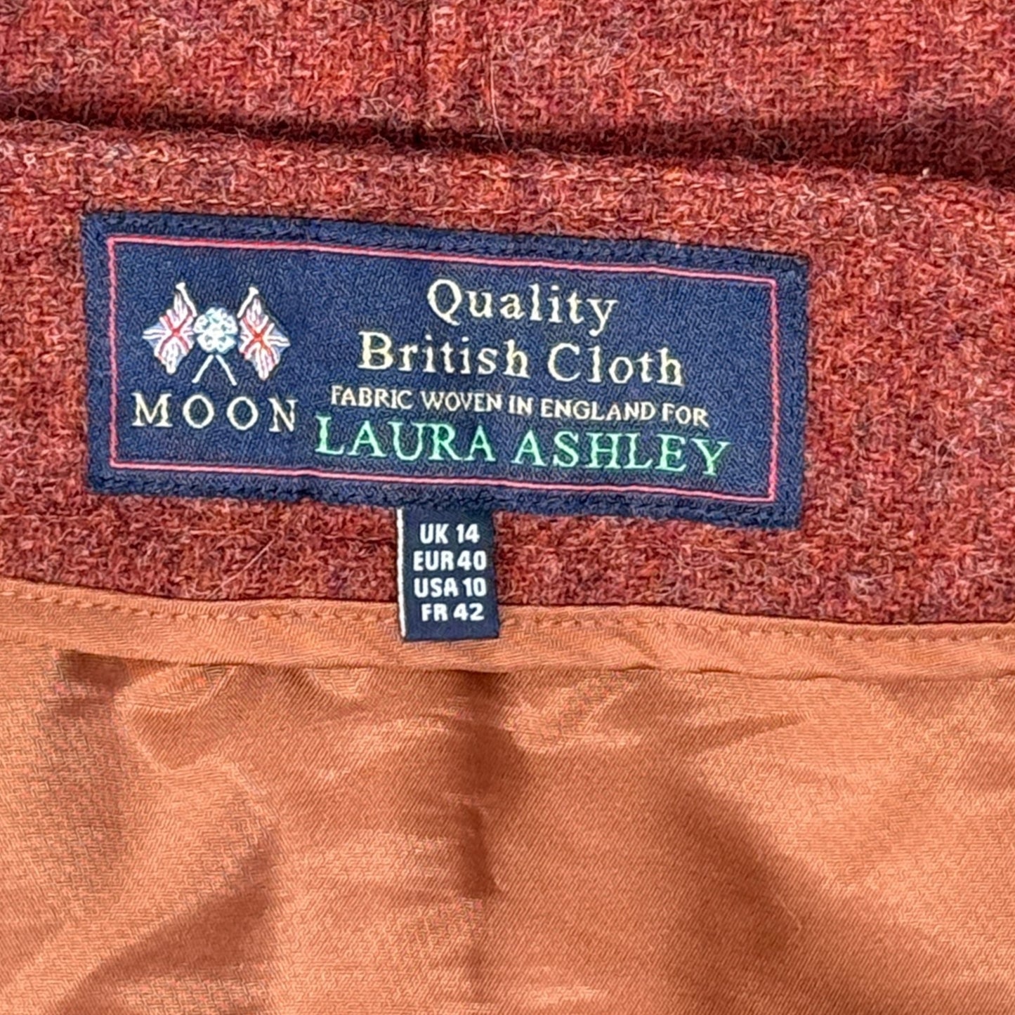 Vintage 100% Wool Tweed Cotton Skirt By Laura Ashley & Moon In Rust, Size: 10