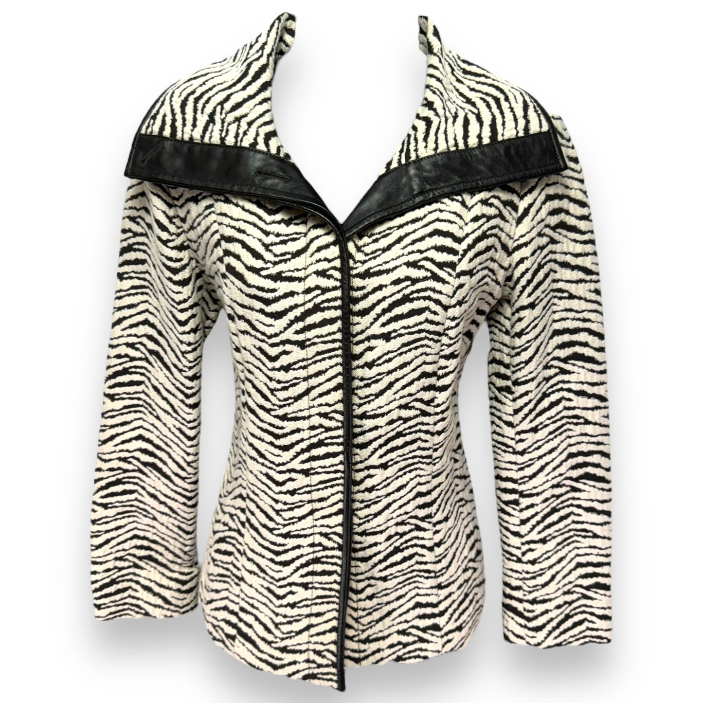 Vegan Leather Trim Jacket Designer By Lafayette 148 In Zebra Print, Size: 2