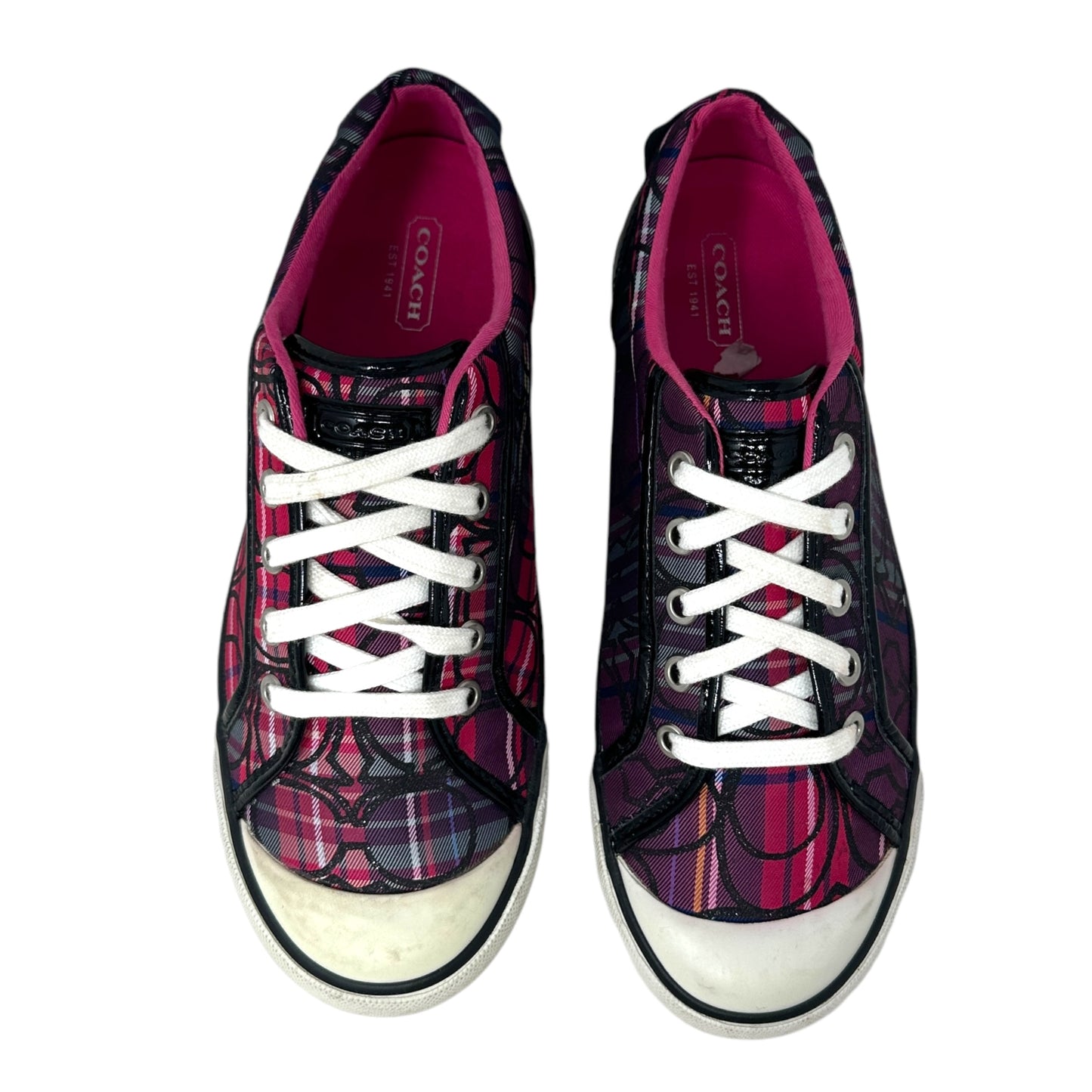 Barrett Sneakers Designer By Coach In Pink Plaid Signature & Black Patent Leather, Size: 8.5