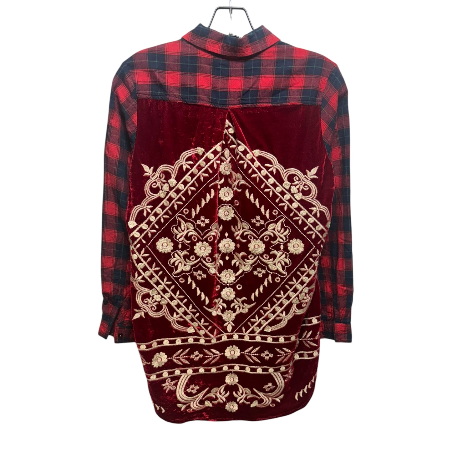 Velvet Embroidered Back Top Long Sleeve By Paparazzi In Plaid Pattern, Size: S