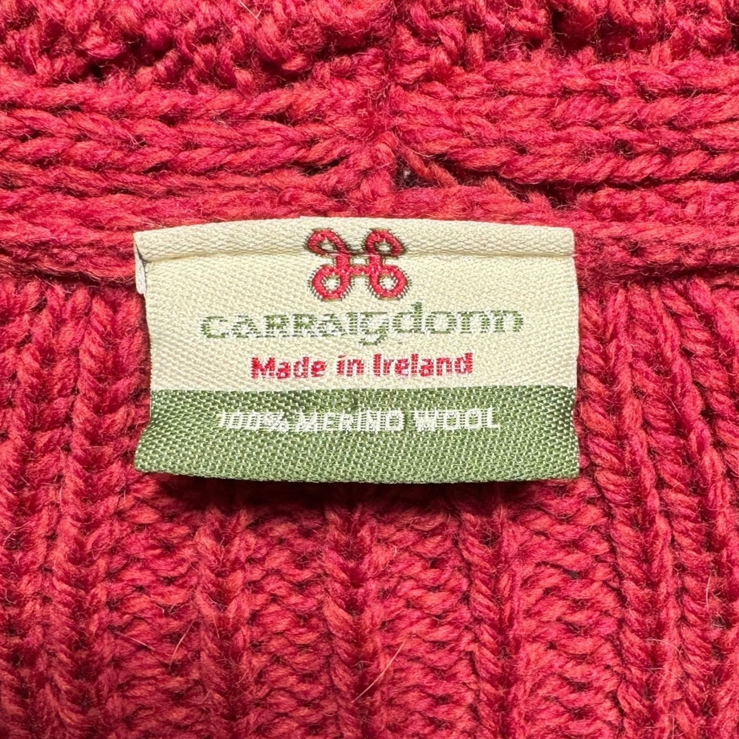 Irish Cable Knit Merino Wool Sweater Cardigan By Carraigdonn In Red, Size: M